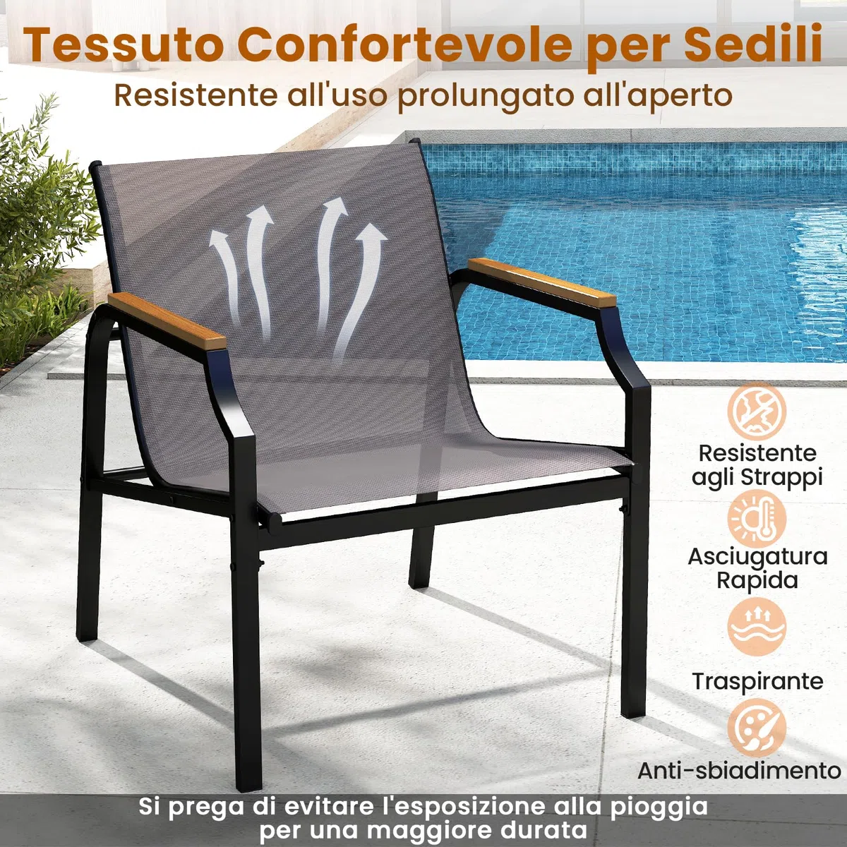 RELAX4LIFE Tavolo da Giardino con Sedie, Tavolino Salotto con Piano in Vetro Temperato e 2 Poltrona Moderne in Tessuto Traspirante, Set Bistrò 3 Pezzi per Terrazza/Patio/Balcone, Portata 150KG+50KG