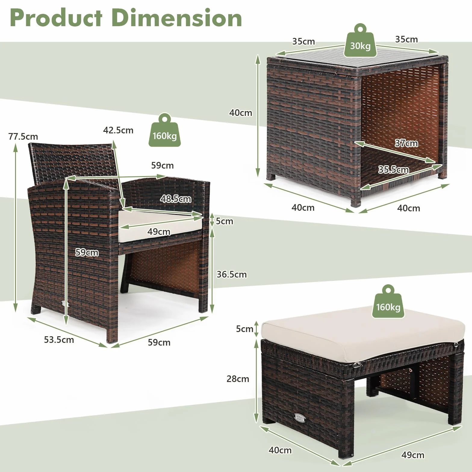 GIANTEX Salotto da Giardino in Rattan, Set da 2 Poltrone e 2 Poggiapiedi e 1 Tavolino da Caffè, Carico Massimo per Sedia 160 kg, Carico del Tavolo 30 kg, 2 Colori (Bianco)