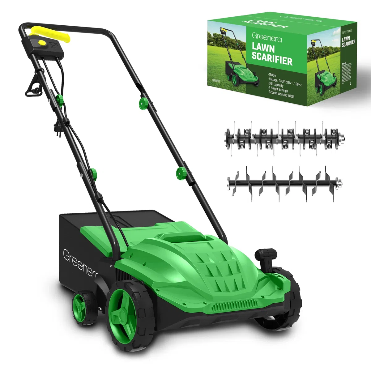 Scarificatore elettrico da 1500 W, 1500 W, rastrello per prato, 30 l, larghezza di lavoro 32 cm, 4 altezze di scarificazione regolabili, 2 rulli intercambiabili, manici pieghevoli, lunghezza cavo 10 m