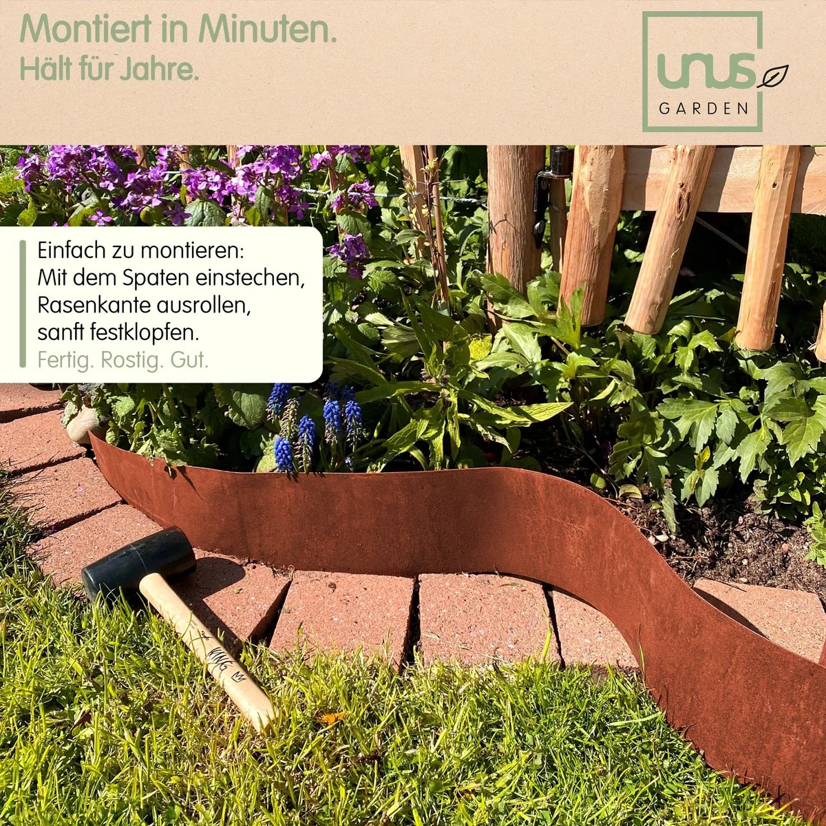 UNUS Bordura metallica da 10 m, bordo da giardino con effetto arrugginito, altezza 14 cm, per delimitare aiuole, sentieri, alberi, giardini di ghiaia, flessibile e accorciabile, resistente alle