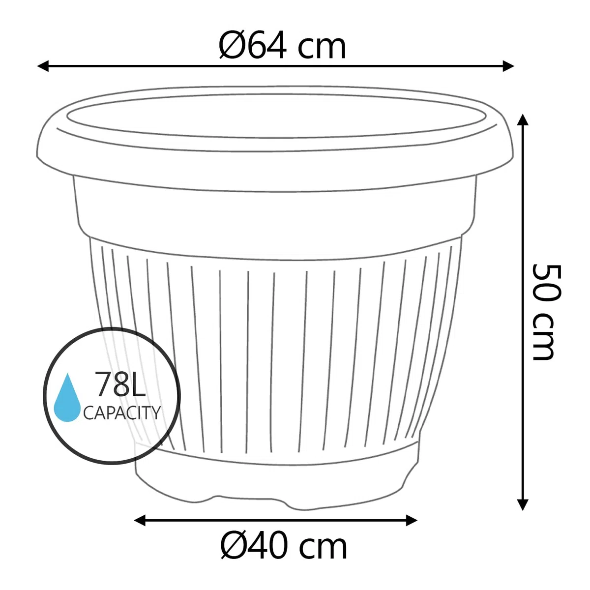IMJ-Global Vaso con Sottovaso per piante Fiori DCE64-POD54 TERRA Tondo Ø64cm da interno esterno Nero 78 Litri Ø64x50 cm design Classico Fioriera in plastica da balcone Grigio Antracite