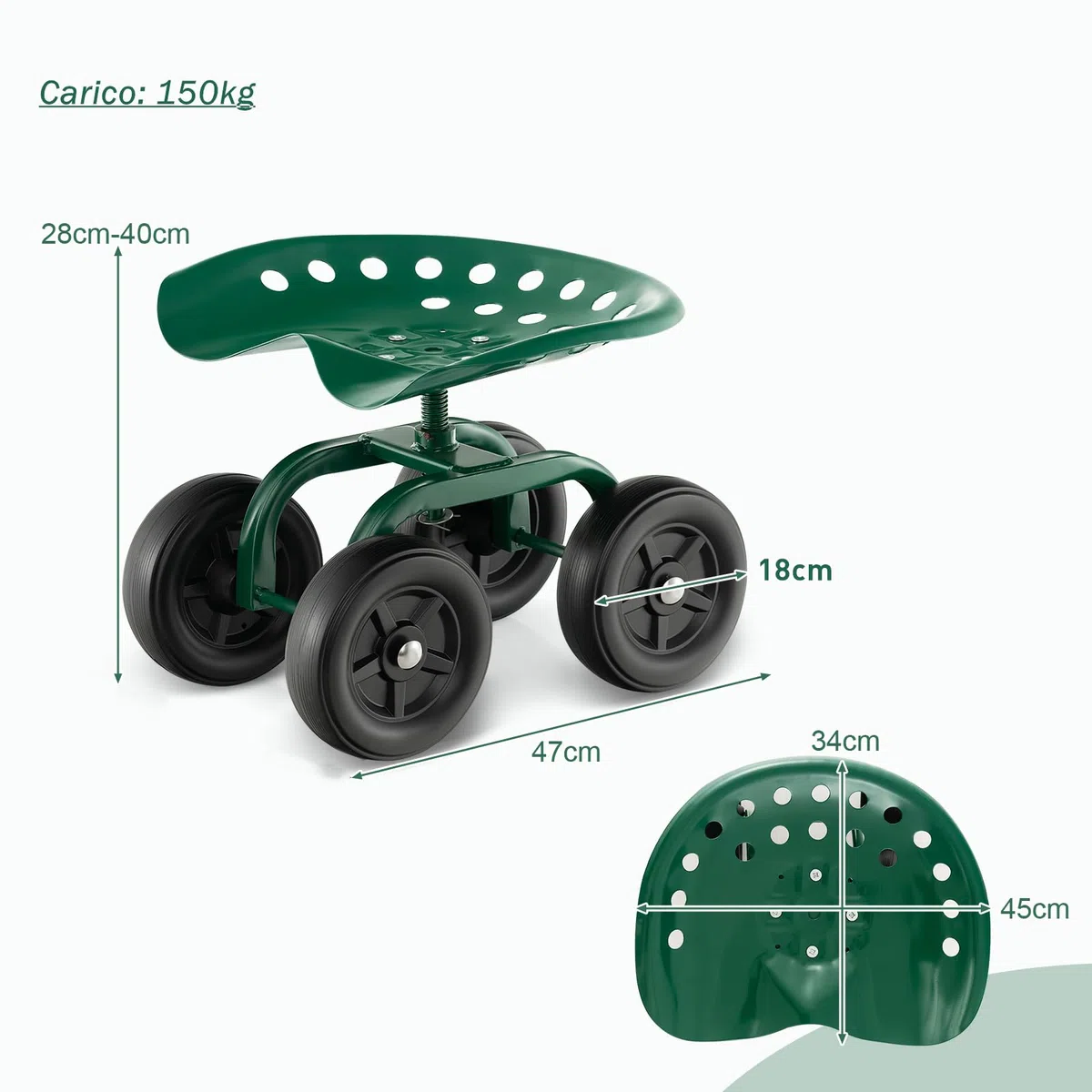 GYMAX Sgabello da Giardino con Ruote, Sedile da Lavoro Regolabile in Altezza per Giardinaggio