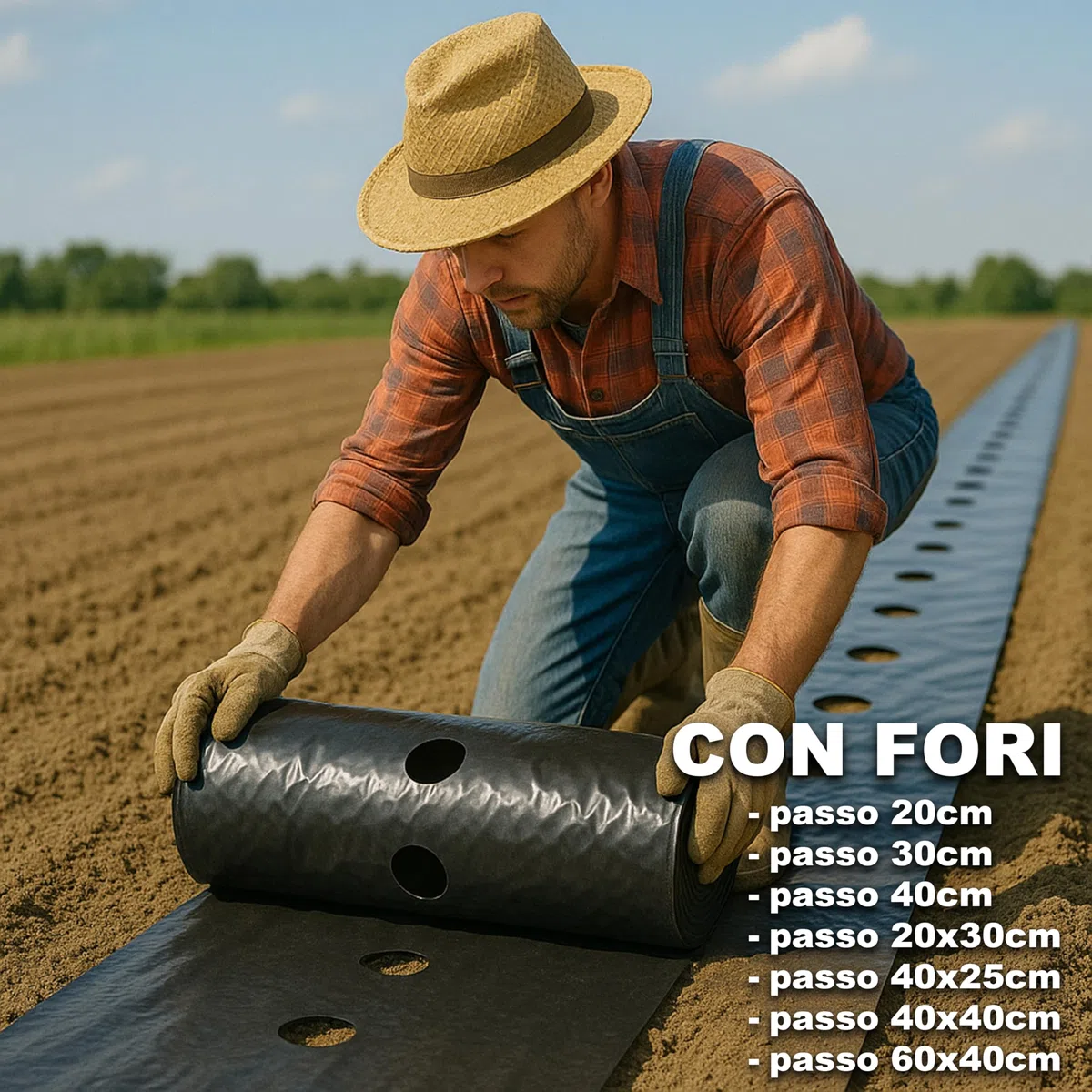 Maka Telo Nero Pacciamatura Orto Anti Erbacce Forato o Senza Fori Giardino Pacciamante Anti-UV Impermeabile all'Acqua Polietilene Spessore Film 5 Micron Cartone (0.9x50 Metri, Forato 40 cm)