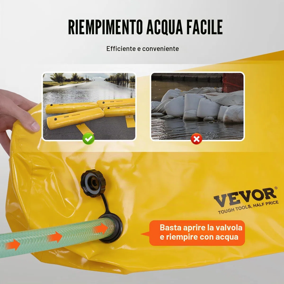 VEVOR Sacco Antiallagamento, 4 Pezzi, Barriera Antiallagamento Alternativa, Portatile e Facile da Usare per Casa, Ingresso, Vialetto 122 x 25 x 17 cm Giallo