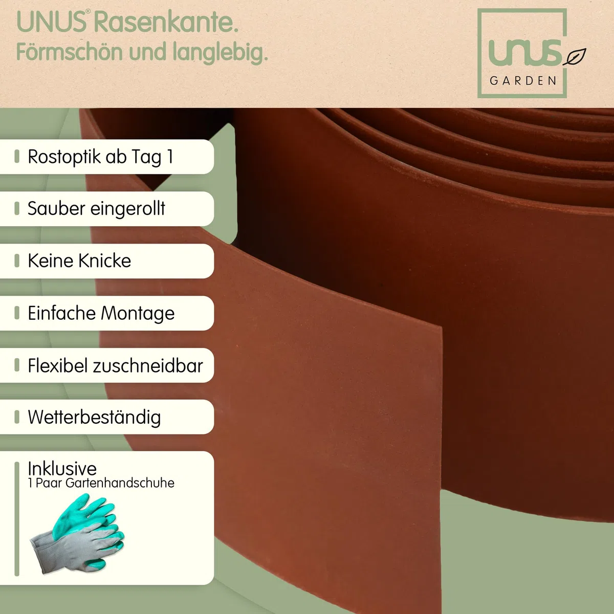 UNUS Bordura metallica da 10 m, bordo da giardino con effetto arrugginito, altezza 14 cm, per delimitare aiuole, sentieri, alberi, giardini di ghiaia, flessibile e accorciabile, resistente alle