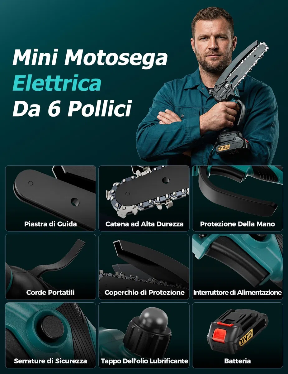 Mini motosega a catena con batteria da 6 pollici, motore senza spazzole da 550 W, 2 x 4000 mAh, con olio automatico e interruttore di sicurezza, sega a mano leggera per giardinaggio