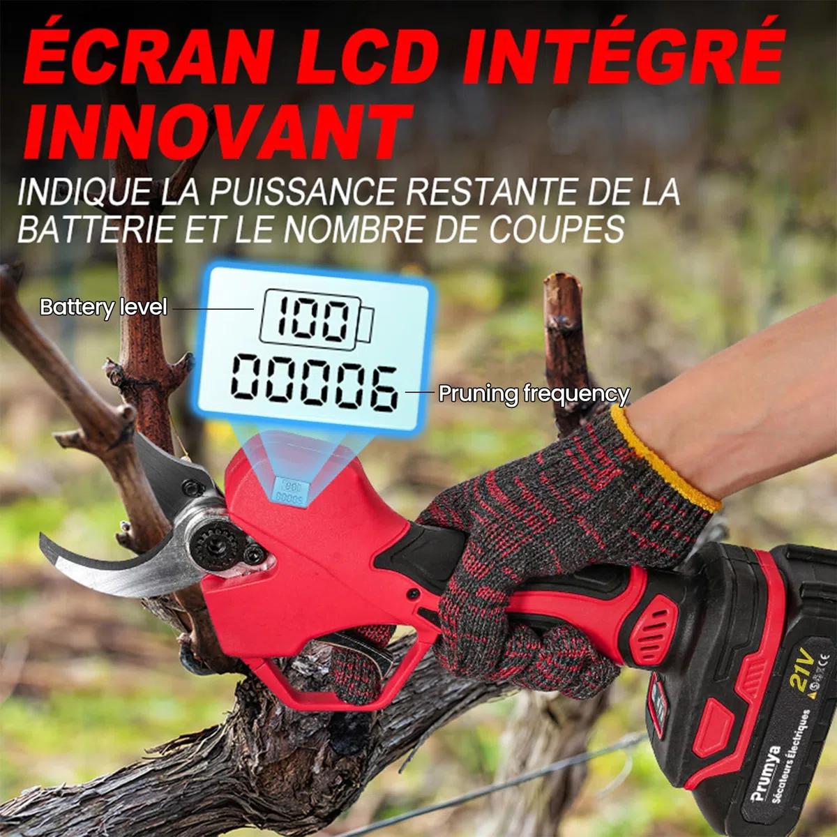 Forbici Potatura a Batteria, 50 mm Forbici Potatura Professionali, Elettriche Cesoie a batteria per Potatura con 2 Batterie, Display LCD, adatte per potatura, giardinaggio, alberi da frutto