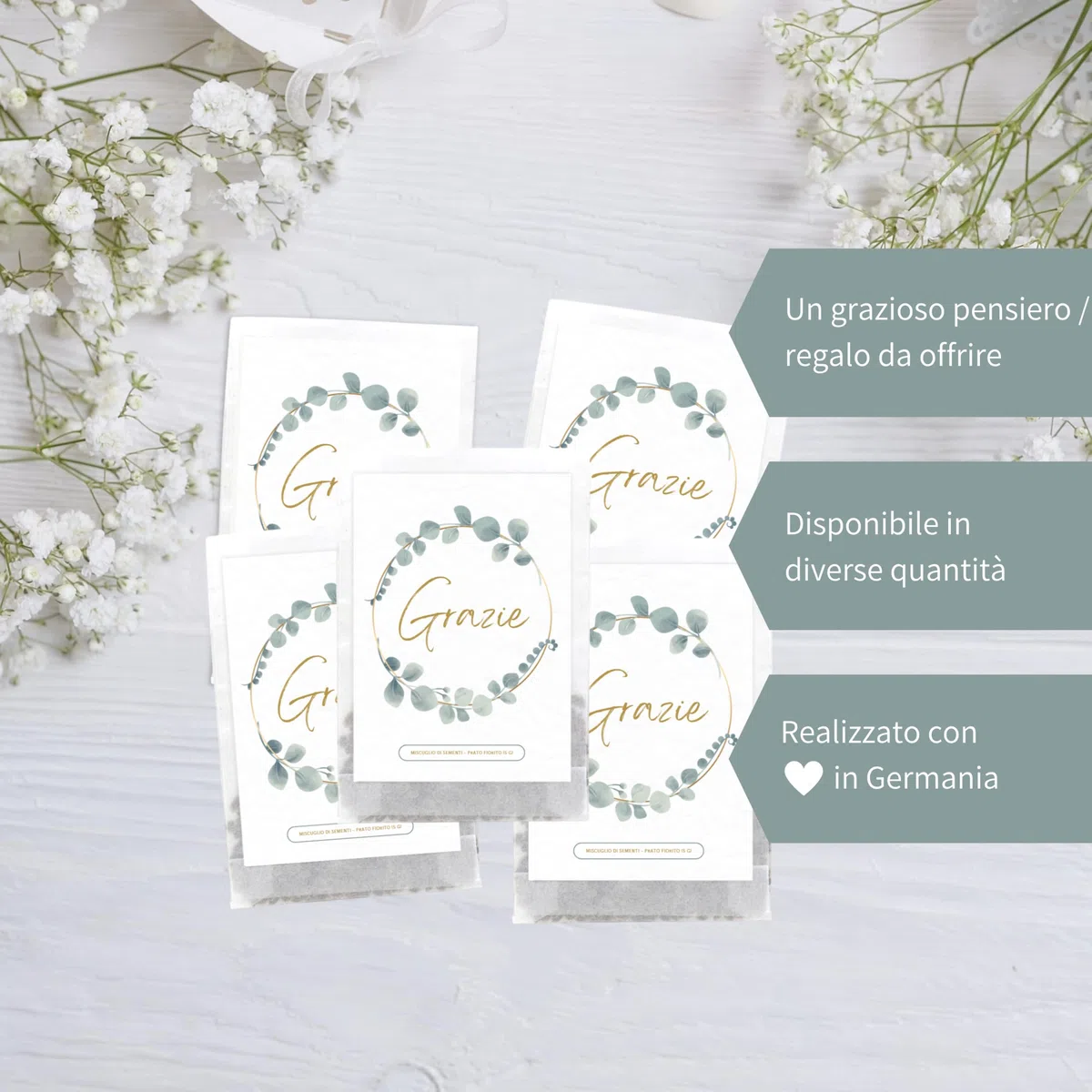 Semi di Fiori "Grazie" | Idee Regalo e Pensierino Originale | Piccolo Regalo per Colleghi, Maestre e Ospiti | Bomboniere Compleanno Bambini | Segnaposto Comunione (20 pezzi - Grazie "Eucalipto")