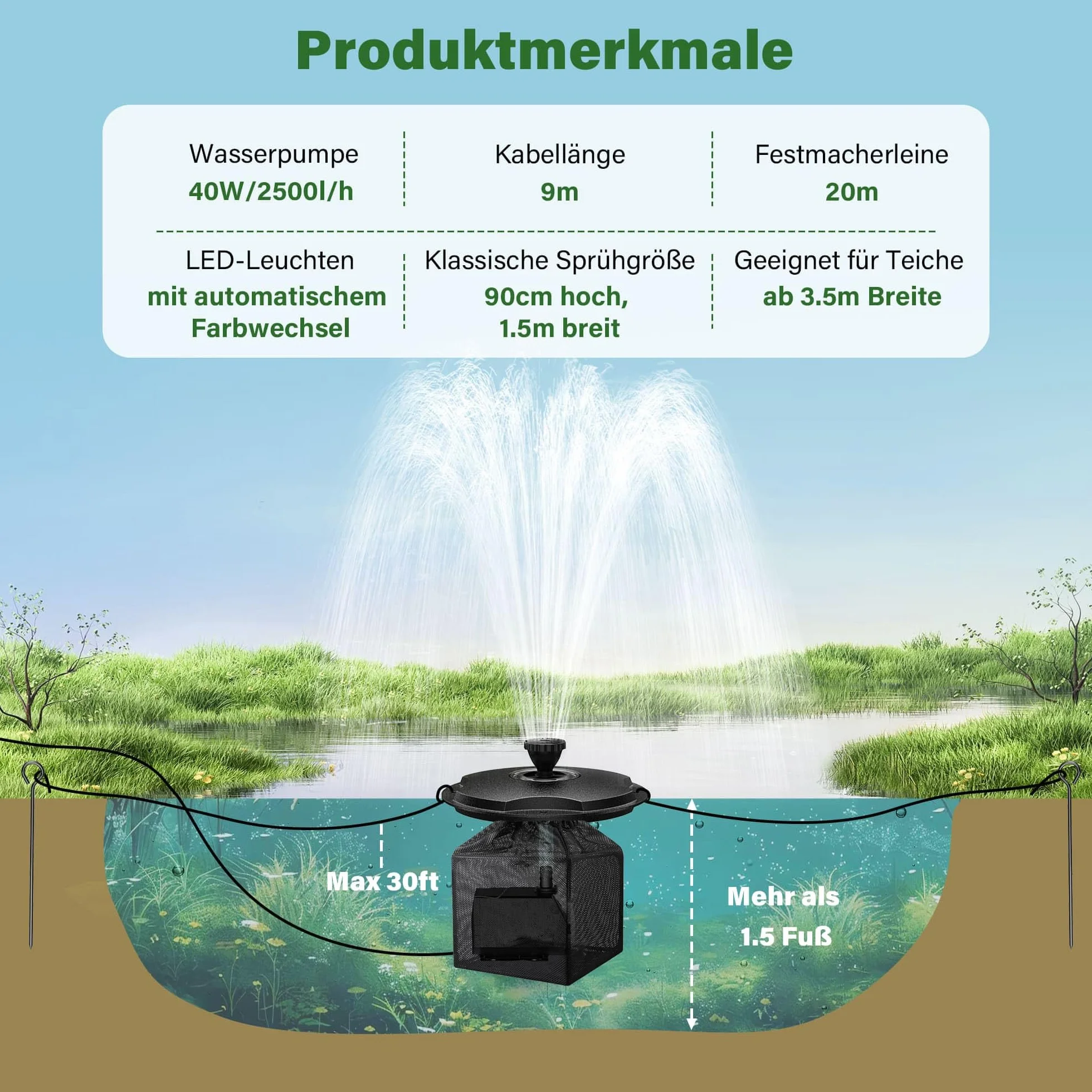 Biling Fontana galleggiante con illuminazione a LED per laghetto da giardino, fontana con pompa da 2500 l/h, cavo da 9 m con spina europea, gioco d'acqua con 3 modalità fontane (antigelo)