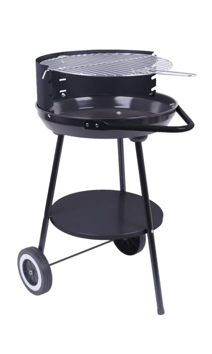Barbecue Rotondo BBQ con Ruote Empotec da Esterno Griglia Cromata 42 x 77cm Regolabile 3 altezze Maniglia Grande Piano Inferiore 3 Gambe Ripiano D'Appoggio Cottura Grill Paravento Alto 15cm