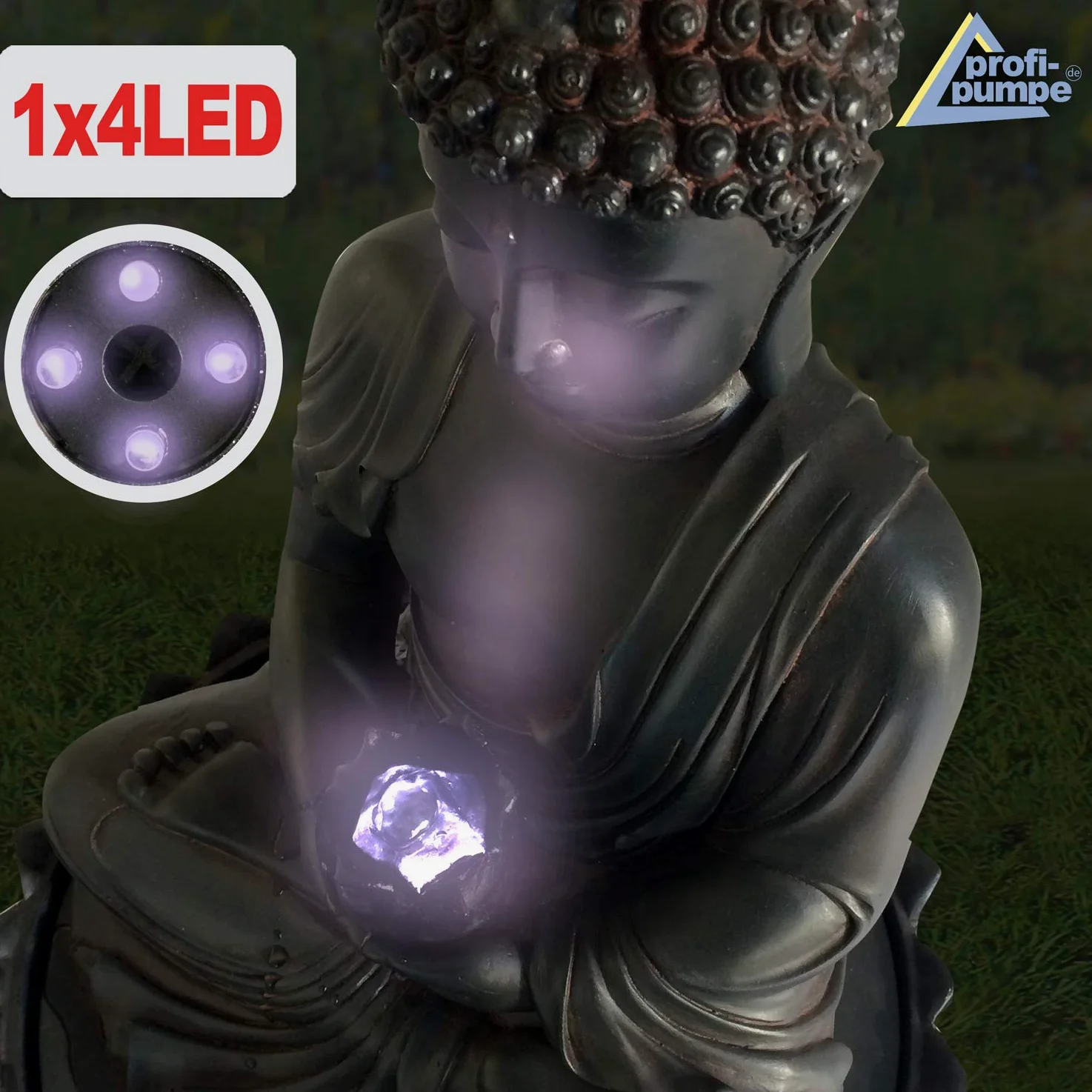 Fontana da giardino, fontana decorativa, fontana da interno, fontana, cascata, giochi d'acqua per giardino, laghetto da giardino (fontana solare BUDDHA-ETERNITY con luce LED)