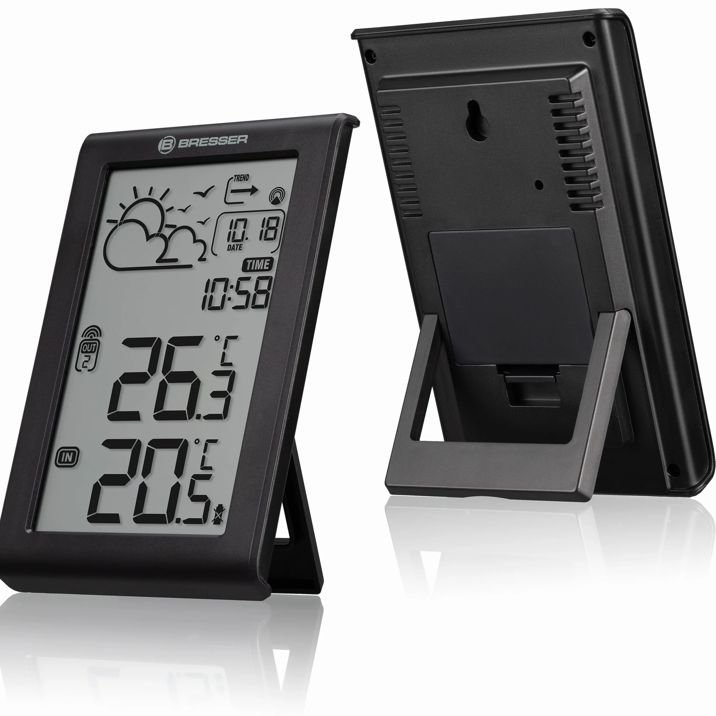Bresser Stazione meteo radio con sensore esterno Meteo Temp W, termometro interno ed esterno, previsioni meteo, allarme antigelo, orologio radio DCF, ampio display digitale