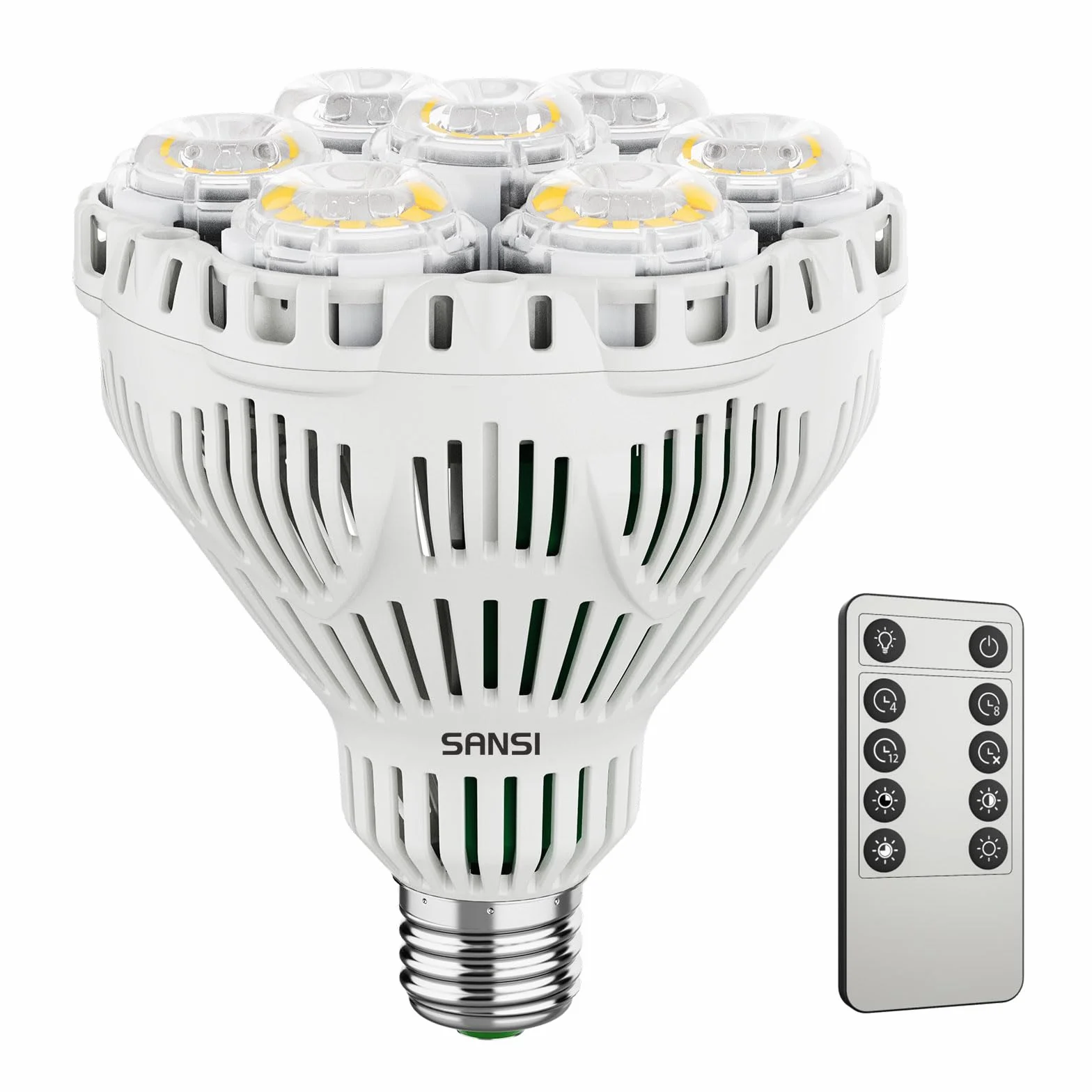 SANSI Lampada LED Dimmerabile per Piante da Interno, E27 40W Lampadina da Coltivazione a Spettro Completo, 4/8/12H Timer, 4 Livelli di Luminosità per Germinazione, Crescita, Fioritura (PPF 63μmol/s)