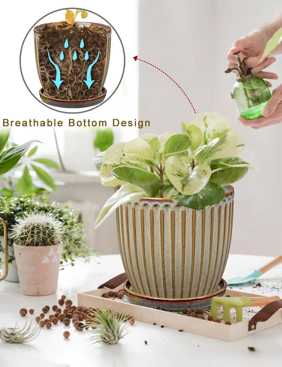 Oairse - Vaso in ceramica a coste, vasi da fiori con sottovaso con fori di drenaggio per piante da interno, decorazione retrò per set di contenitori da giardino all'aperto, diametro apertura 20 cm