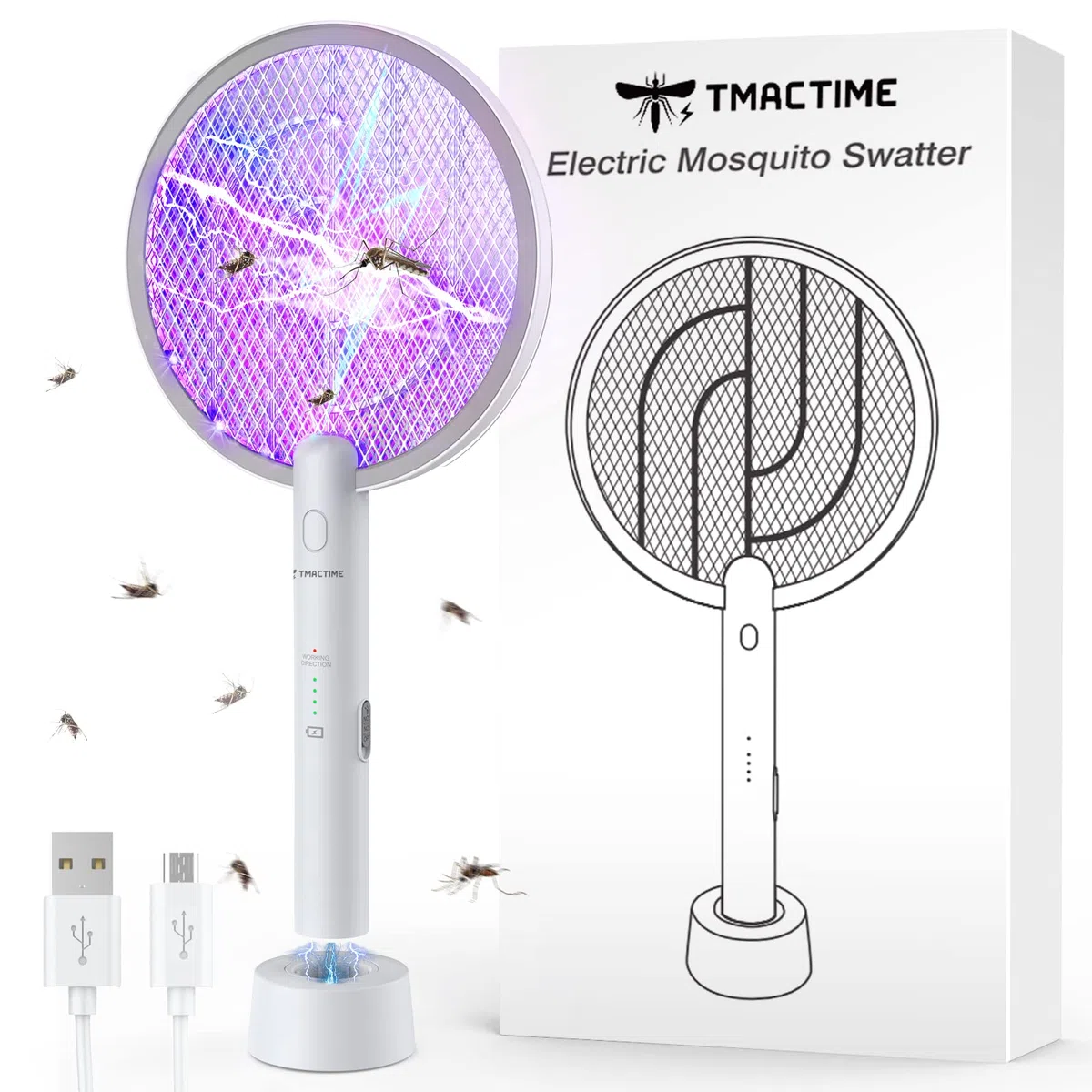 Racchetta Zanzare Elettrica, 4000V 2-In-1 Racchetta Antizanzare, USB Base di Ricaricabile, e Lampada UV, Protezione Maglia a 3 Strati, Adatto per Casa, Giardino, Interni ed Esterni