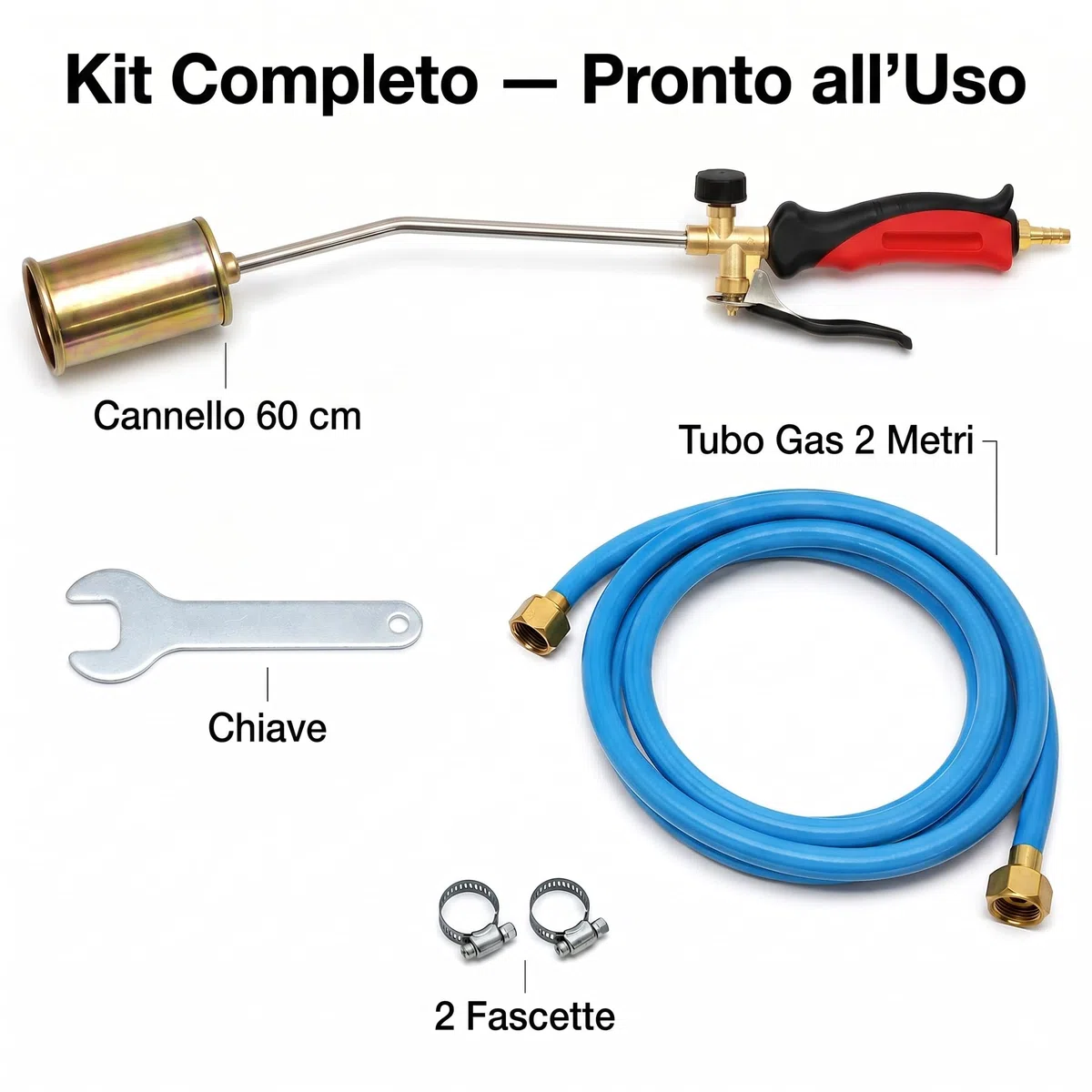 Lemag Cannello da Riscaldo a Gas con Leva 60 cm – Kit Completo con Chiave Tubo 2m e 2 Fascette – Bruciatore Ø45mm per Diserbo Termico Accensione e Sverniciatura – Cannello GPL | Made in Italy