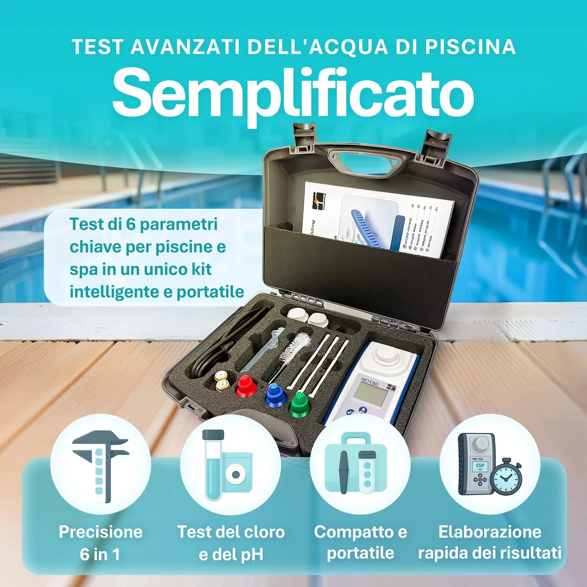 Lovibond MD150 Fotometro – Misuratore 6-in-1 per Cloro, pH, Bromo, Alcalinità Totale, Durezza e Acido Cianurico | Kit Analisi Acqua Multiparametrico con NFC e USB | App AquaLX, Impermeabile IP68