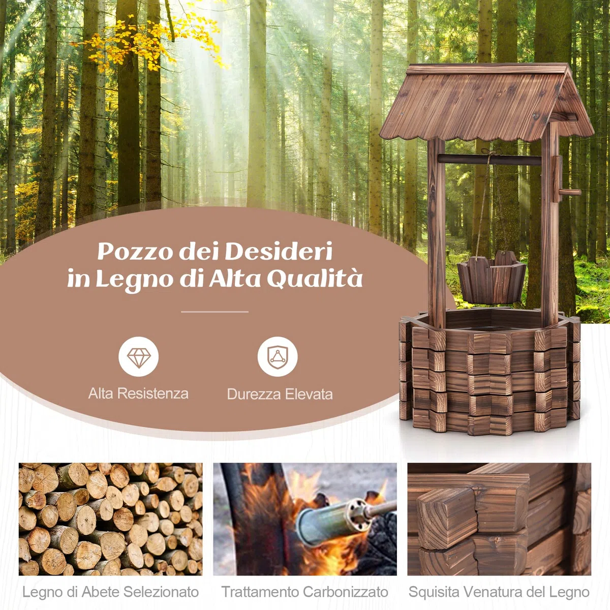 GYMAX Pozzo Decorativo da Giardino, Fioriera in Legno d'Abete con Pozzo, Secchio e Tetto, Resistente alle Intemperie, Effetto Invecchiamento, Decorazione per Prato, Cortile, Giardino, 57 x 57 x 114cm