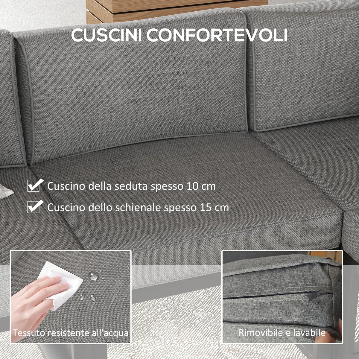 Outsunny Salotto da Giardino con Divano e Tavolino, Set 6 Pezzi in Alluminio con Cuscini Imbottiti, Tavolino con Piano Effetto Legno, Grigio
