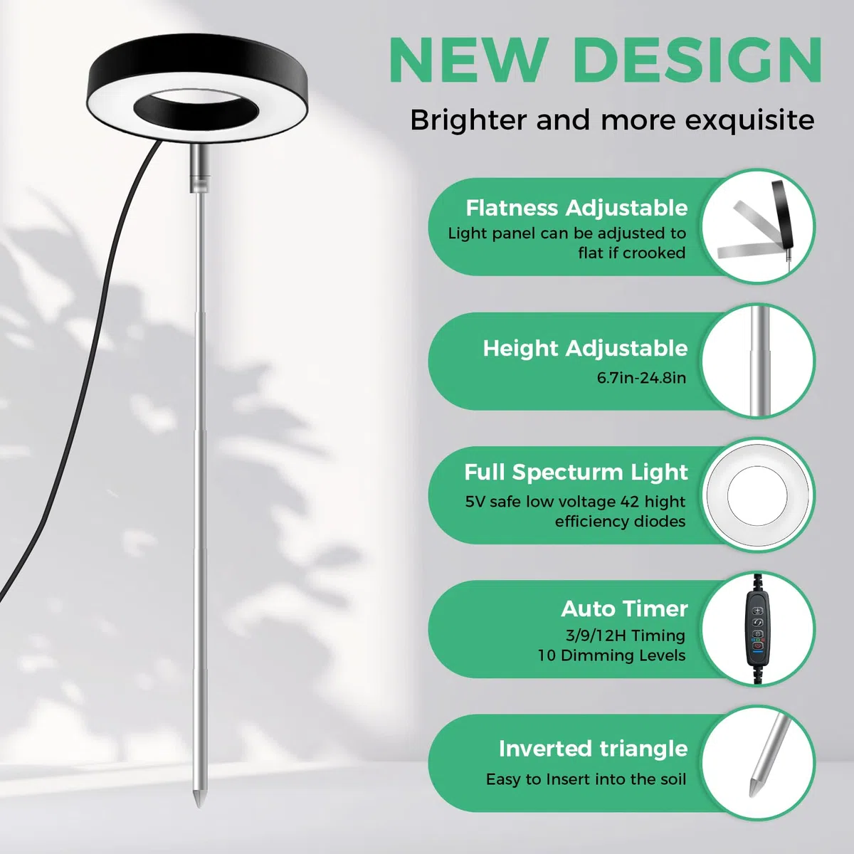 CNMTCOO Luce per piante a LED, spettro completo per piante da interno, altezza regolabile, con adattatore USB, 3 modalità di luce, timer di 3/9/12 ore