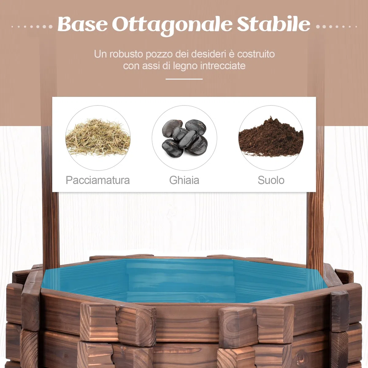 GYMAX Pozzo Decorativo da Giardino, Fioriera in Legno d'Abete con Pozzo, Secchio e Tetto, Resistente alle Intemperie, Effetto Invecchiamento, Decorazione per Prato, Cortile, Giardino, 57 x 57 x 114cm