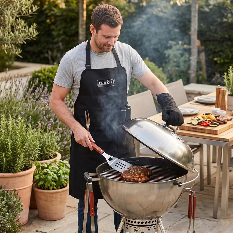 MasterCook - Kit Accessori Professionali In Acciaio Per Barbecue Con Grembiule, Set Accessori Bbq Con Pinza, Forcone, Spatola E Guanto, Accessori Barbecue