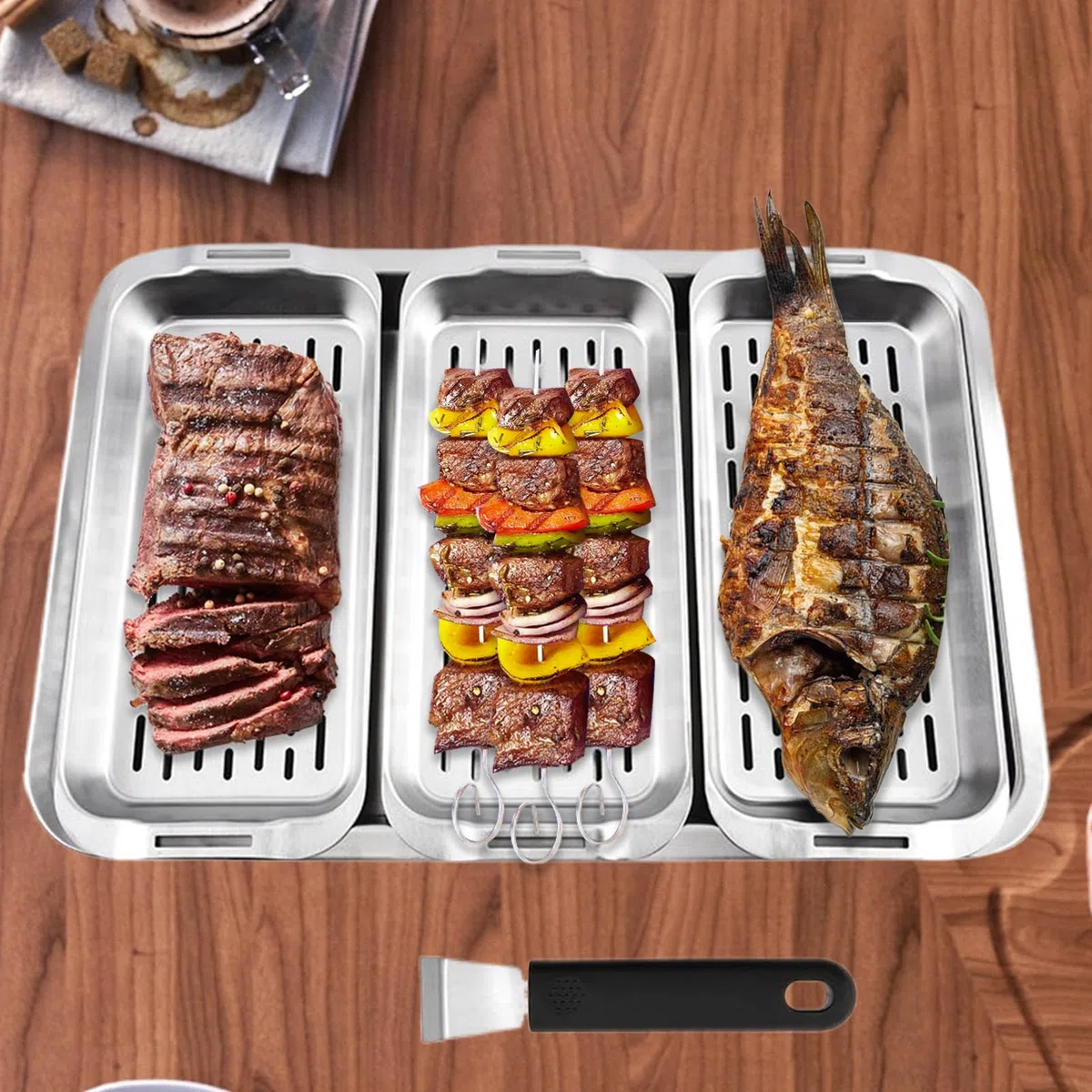 Cestello per Griglia in Acciaio Rettangolare Fondo Bocca Bassa | Set Di Cestini Per Griglia BBQ Gabbia BBQ Verdure Carne Peperoni Gamberi Bocca Bassa Per Picnic Riunioni Famiglia Feste