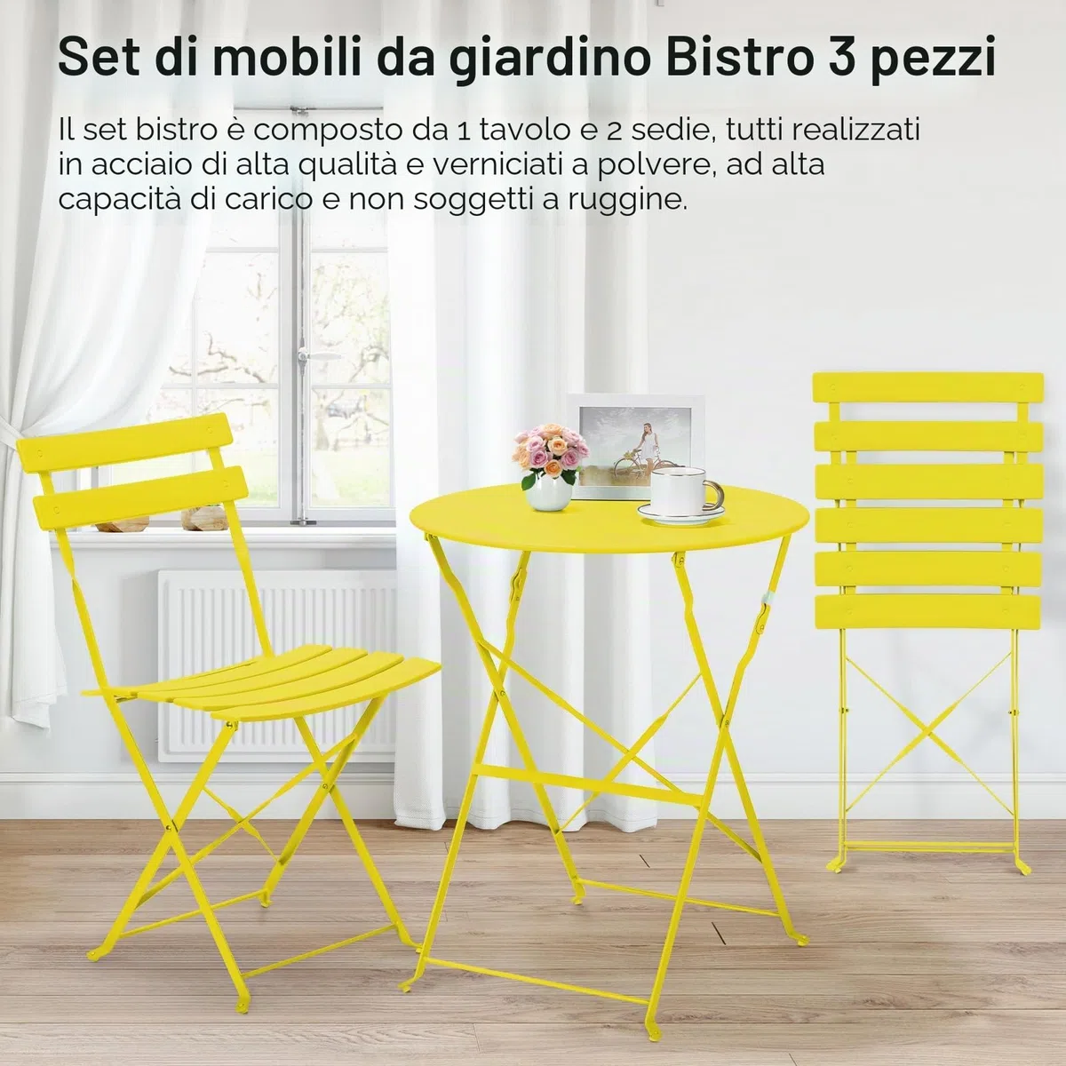 LIFERUN Set da Bistrot Pieghevole 3 Pezzi, Tavolo da Giardino Bistrot in Metallo, 1 Tavolo e 2 Sedie per Piccoli Balconi, Resistente alle Intemperie, per Balcone, Giardino e Terrazzo, Giallo