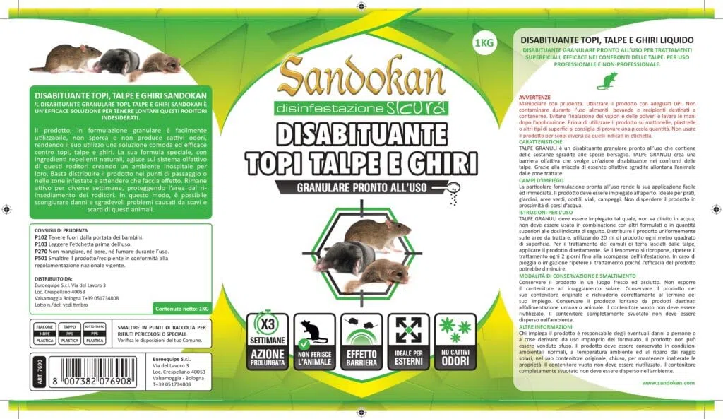 Sandokan, 2 Disabituanti Topi Talpe e Ghiri Granulare 1+1L, Repellente Topi e Dissuasore Educativo Naturale, Barriera Olfattiva per Giardino e Orto Contro Roditori, Senza Veleno Made in Italy