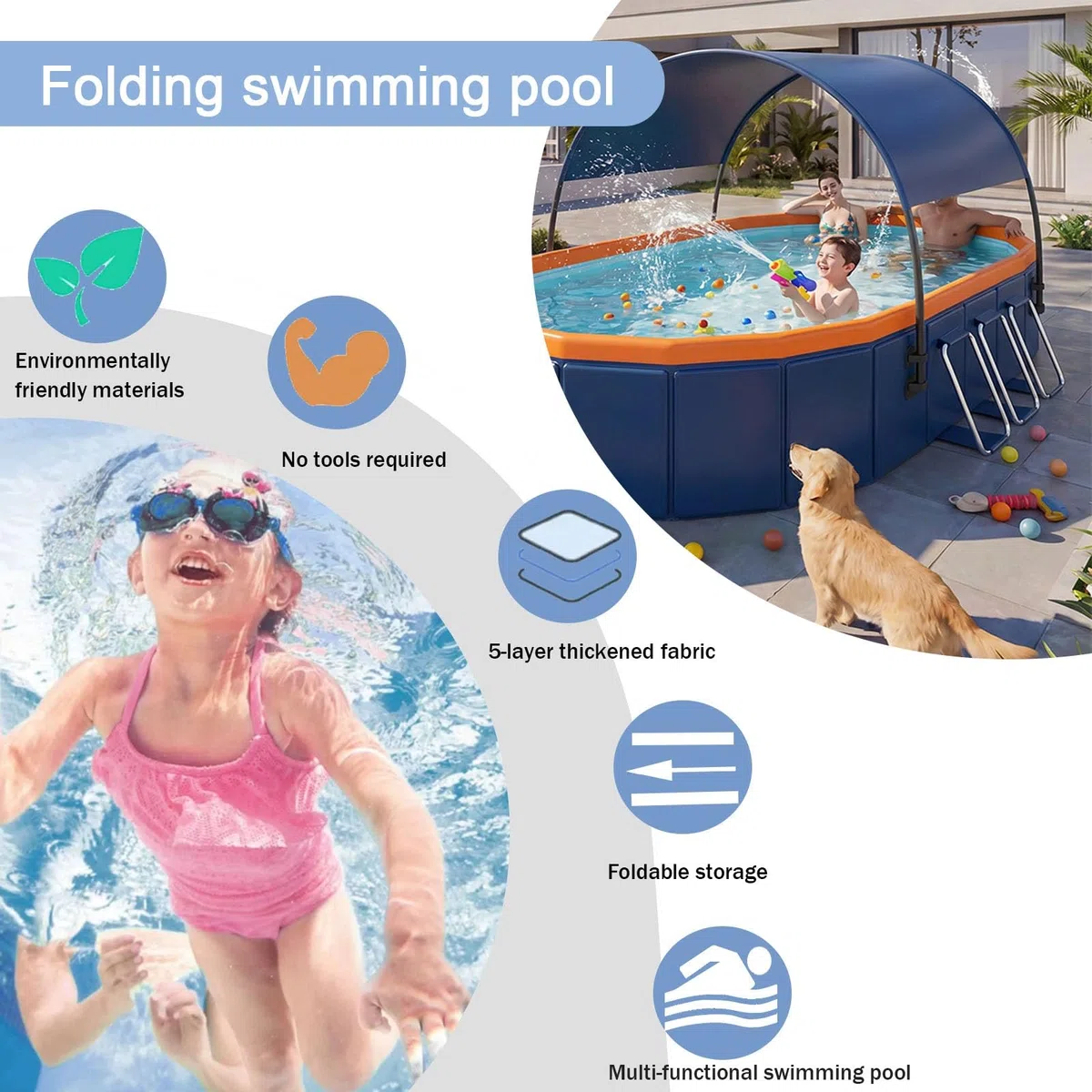 Piscina Pieghevole Piscina Ovale Da 170-348 Cm Pieghevole Per Esterni Fuori Terra Con Vasca Idromassaggio Ideale Per Famiglie E Adulti(348 * 172 * 52cm)