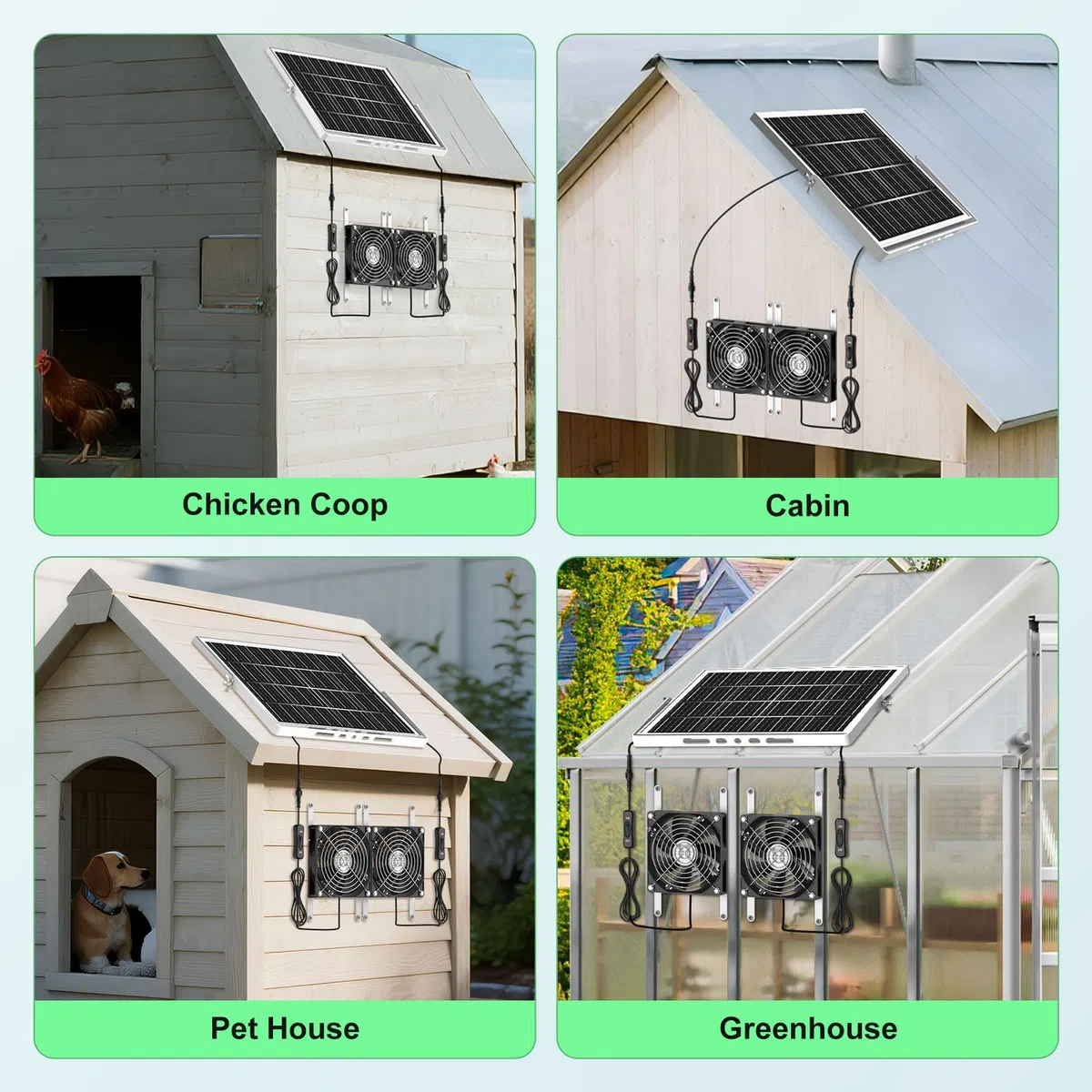 Kit di 2 ventilatori solari per serra da 14,9 cm, 30 W, scarico e aspirazione ad energia solare, forte flusso d'aria e impermeabile, cavo da 5 m, per capannone esterno, circolazione dell'aria e