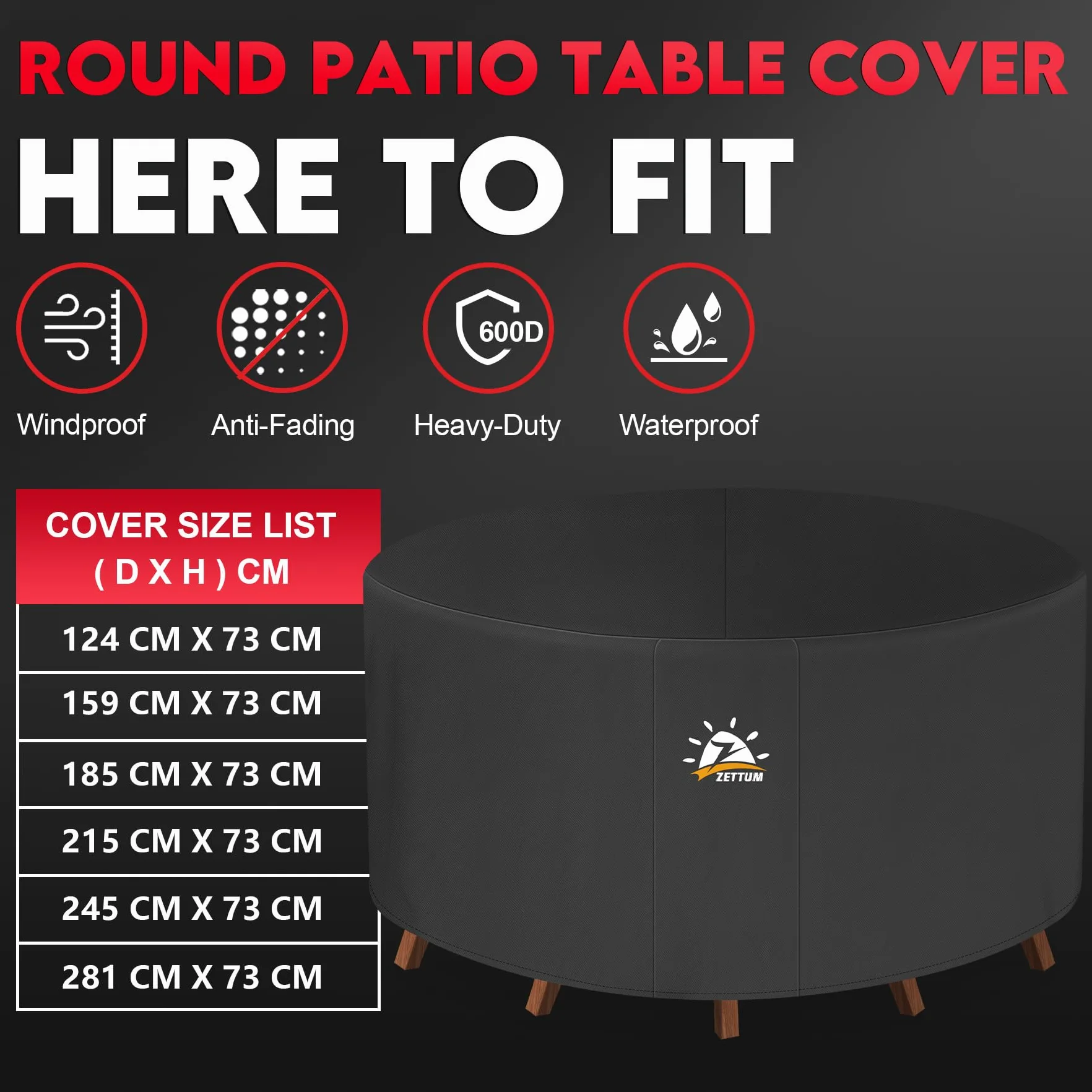 Zettum Copertura Rotonda per Mobili da Giardino Ø245 x 73 cm, Copertura per Tavolo da Esterno 600D, Impermeabile e Resistente, per Set Arredo Giardino da Pranzo da Esterno