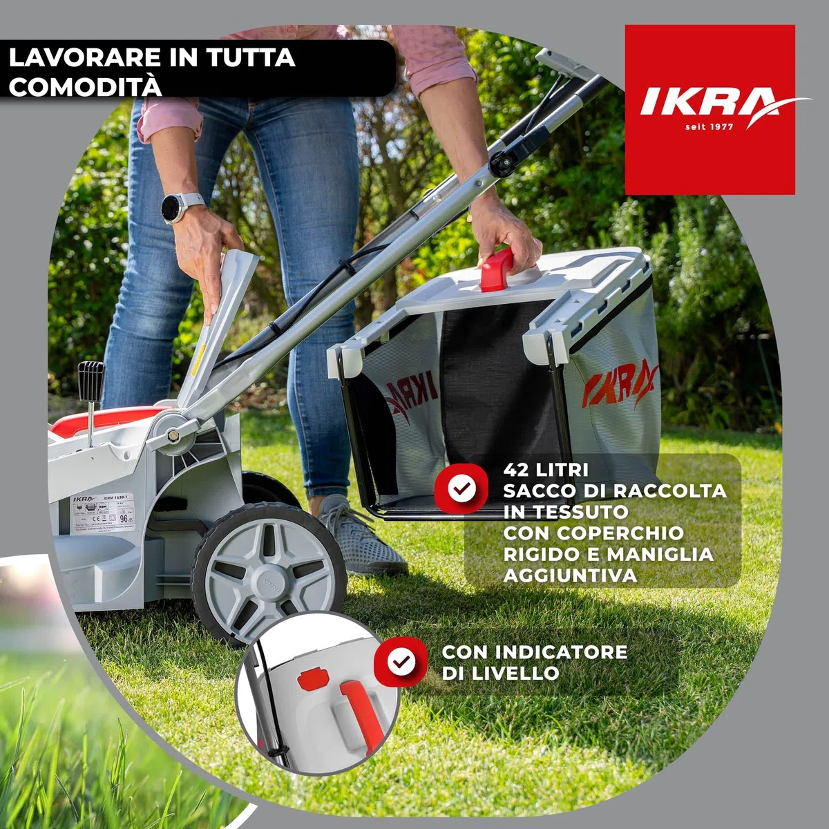 IKRA tosaerba elettrico IERM 1638-1, 1600 W, larghezza di taglio 38 cm | Altezza di taglio su 5 posizioni (30-75mm), manico regolabile in altezza, sacco 42l, kit mulching, lama in metallo temprato