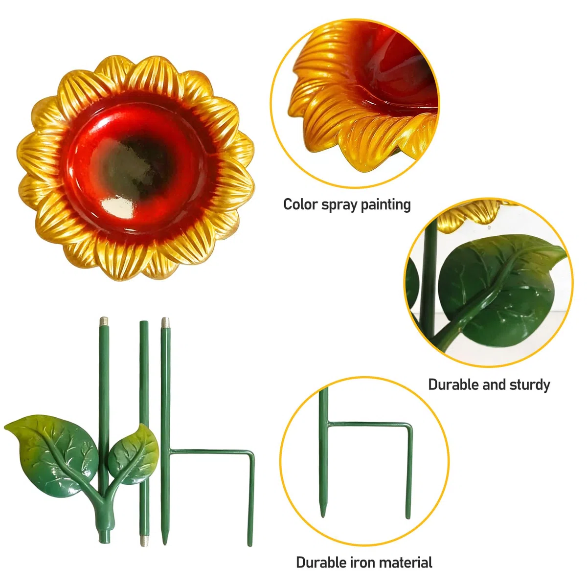 BORDEAG 2 abbeveratoio per uccelli da giardino, in piedi, in ferro, per uccelli, per esterni, design a girasole, per cortile, 20 x 20 x 64 cm