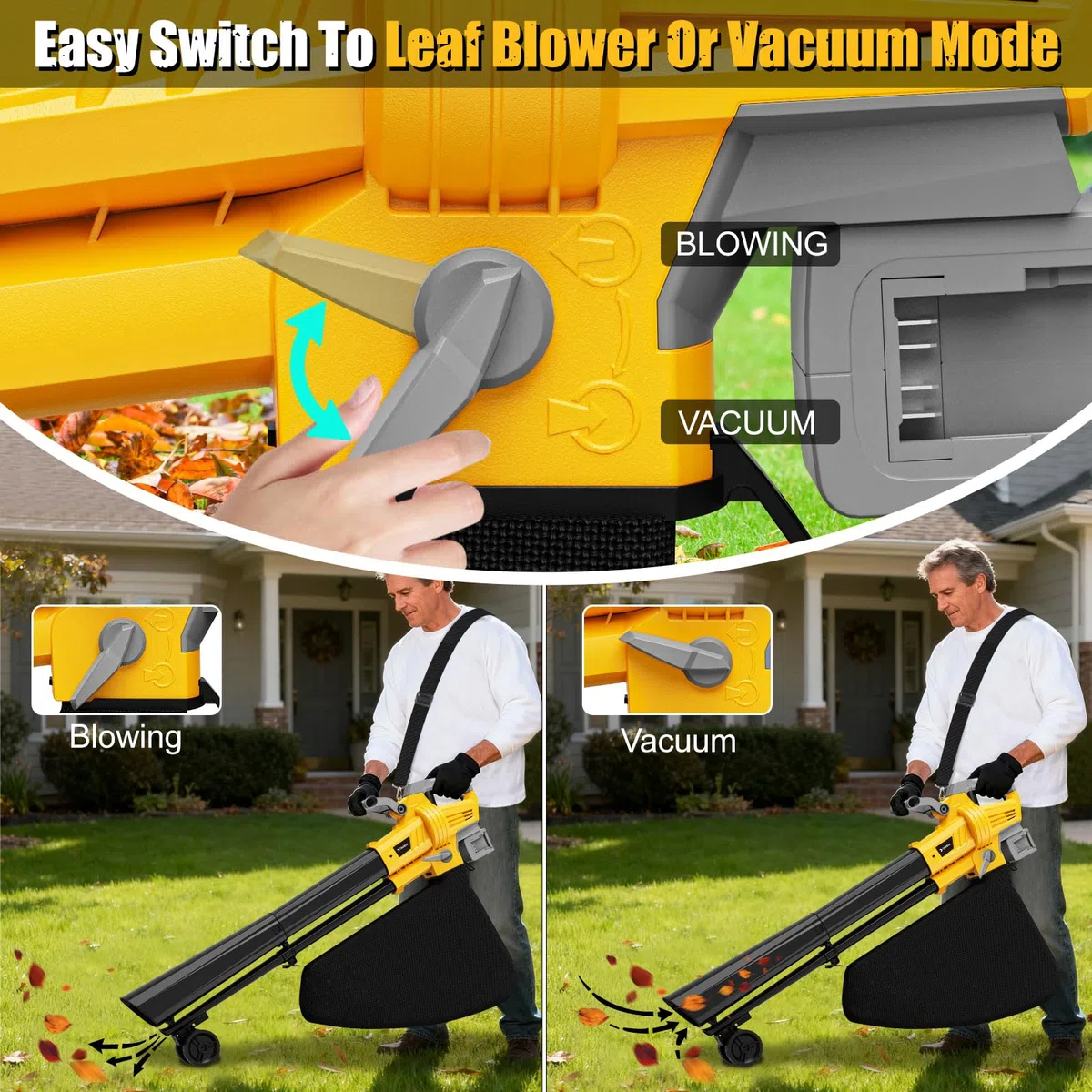 3 in 1 soffiatore sottovuoto per foglie compatibile con batteria Dewalt 20 V | Aspiratore elettrico senza fili, senza fili, con borsa da 40 l, modalità turbo per una rapida pulizia del patio e vialetto