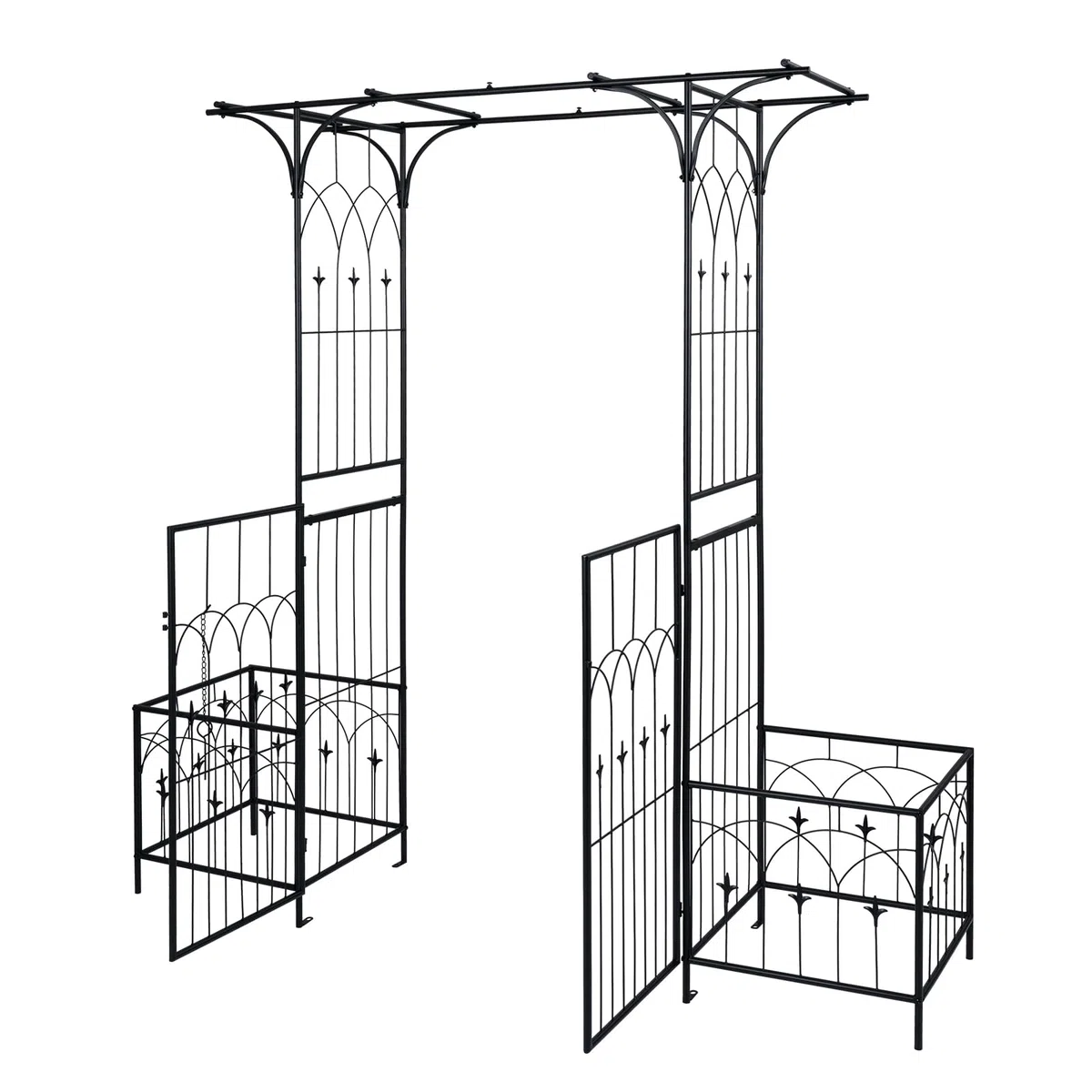 HOMASIS Arco da Giardino per Piante Rampicanti, Pergolato in Metallo con Fioriere, Cancello con Serratura, Decorazione da Esterno per Festa, Cerimonia e Matrimonio, 200 x 51,5 x 206 cm