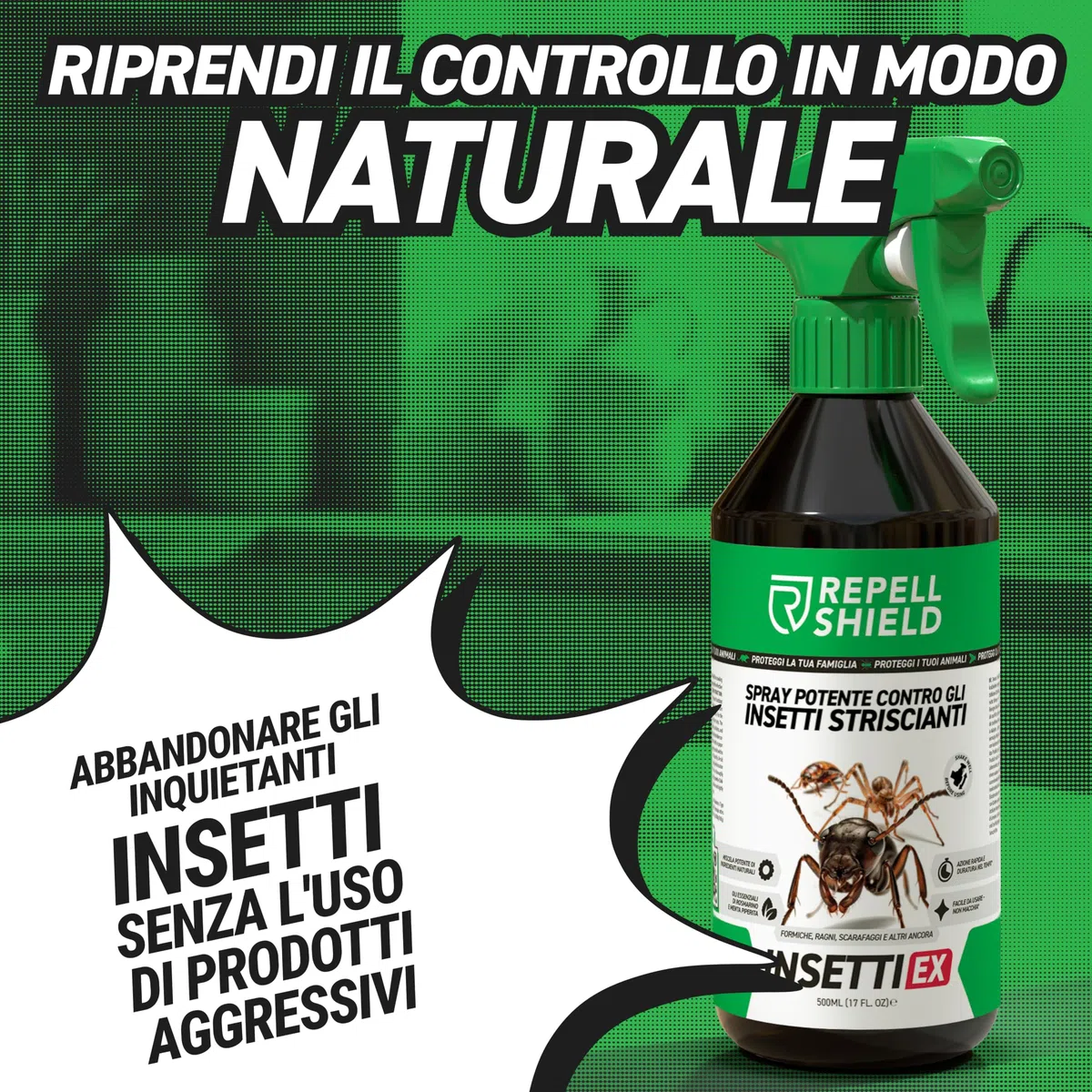 RepellShield Spray Naturale Contro Insetti Striscianti e Volanti – 500ml – Allontana Formiche e Scarafaggi – Sicuro per Animali – Uso Domestico e Professionale (Insetti Striscianti)