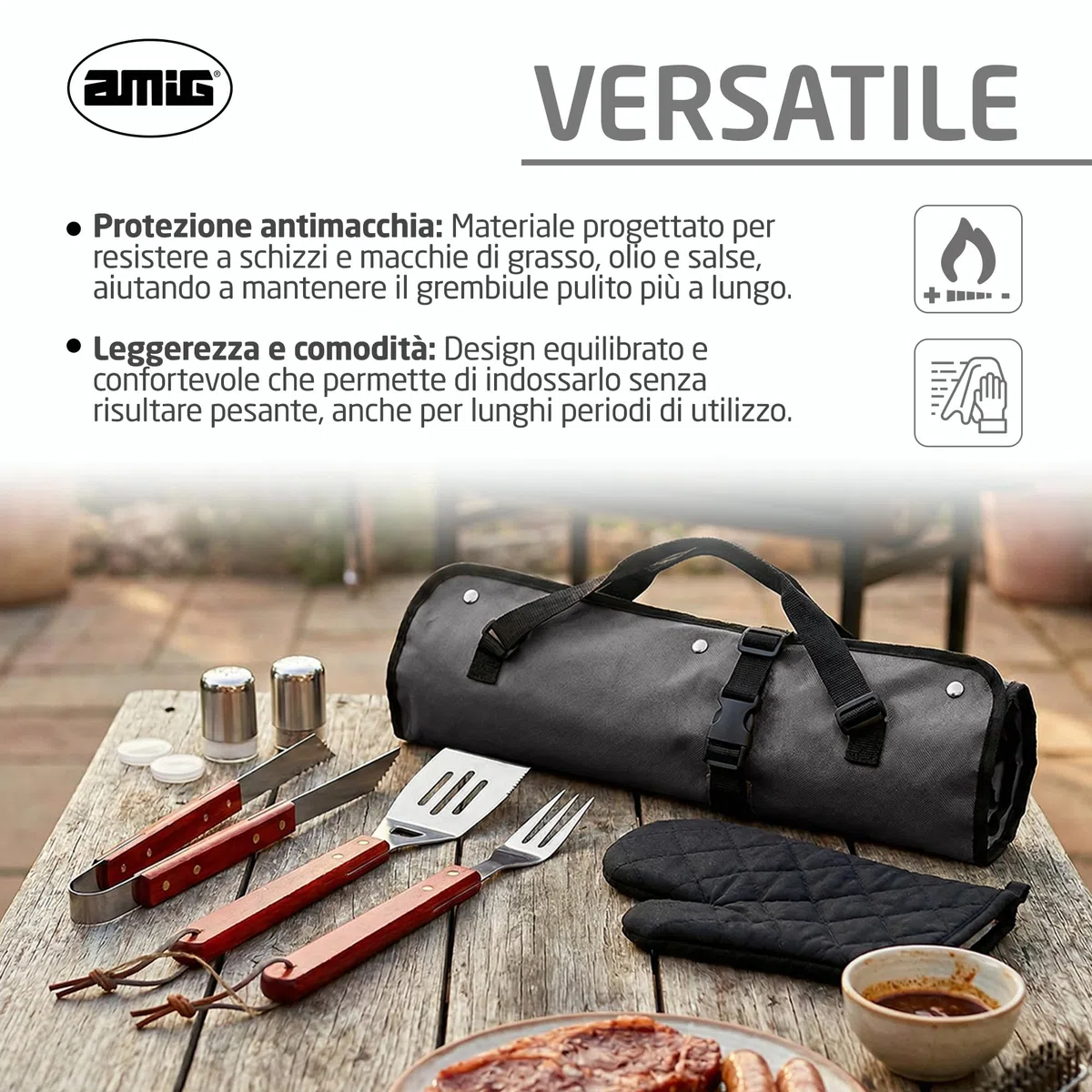 Amig - Grembiule barbecue con 7 accessori - Acciaio inossidabile - Set utensili BBQ - Con tasche - Accessori pratici e presentazione curata per regalo - Mod. AM17