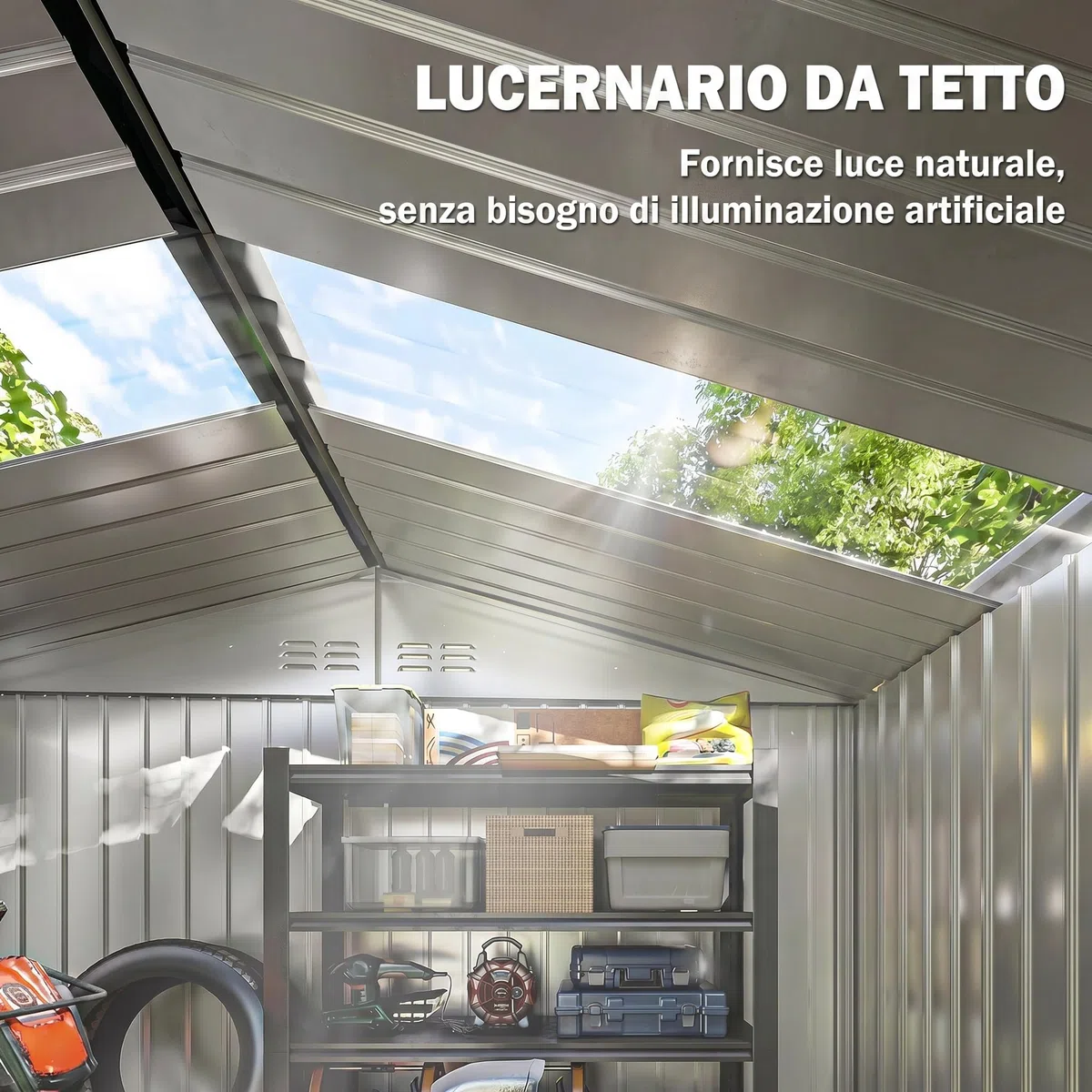 Outsunny Casetta da Giardino 2.42m² in Acciaio Zincato con Prese d'Aria e Kit Fondazione, Capanno da Giardino con Lucernario, Doppia Porta Scorrevole Bloccabile, Tetto Inclinato, Grigio Scuro