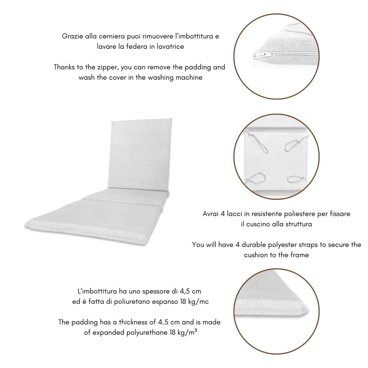Il Tuo Artigiano Design uscino Imbottito per Lettino Prendisole Artigianale Totalmente Sfoderabile made in Italy - 190x60 cm (Bianco)