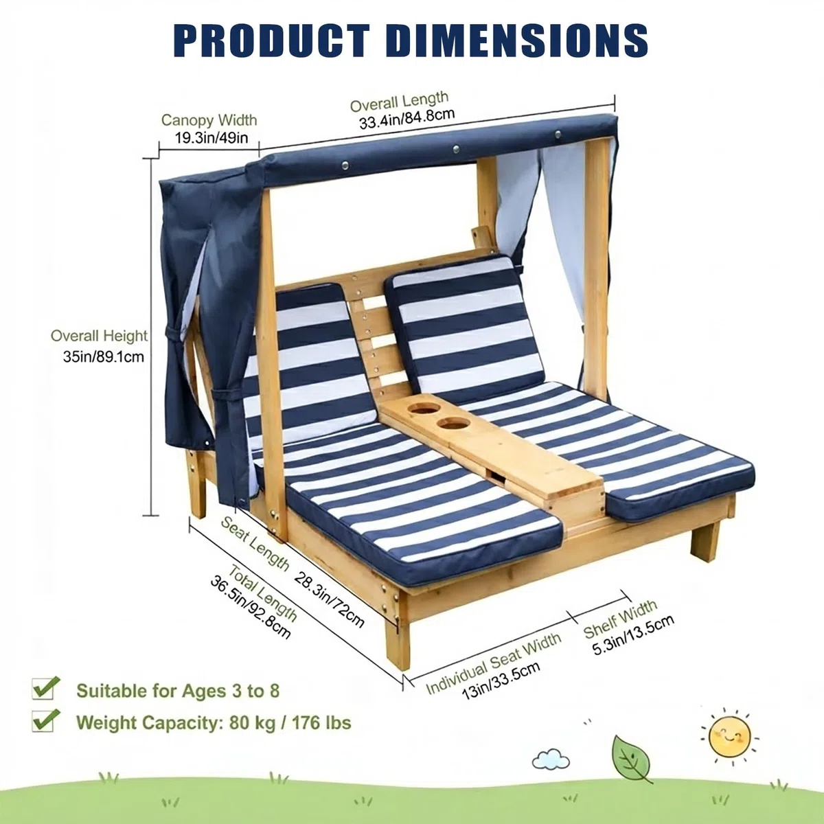 Sdraio Doppia per Bambini con Cuscino & Parasole Integrato | Lettino Da Giardino Per Bambini in Legno, Sdraio per Spiaggia & Balcone & Bordo Piscina(Blue)