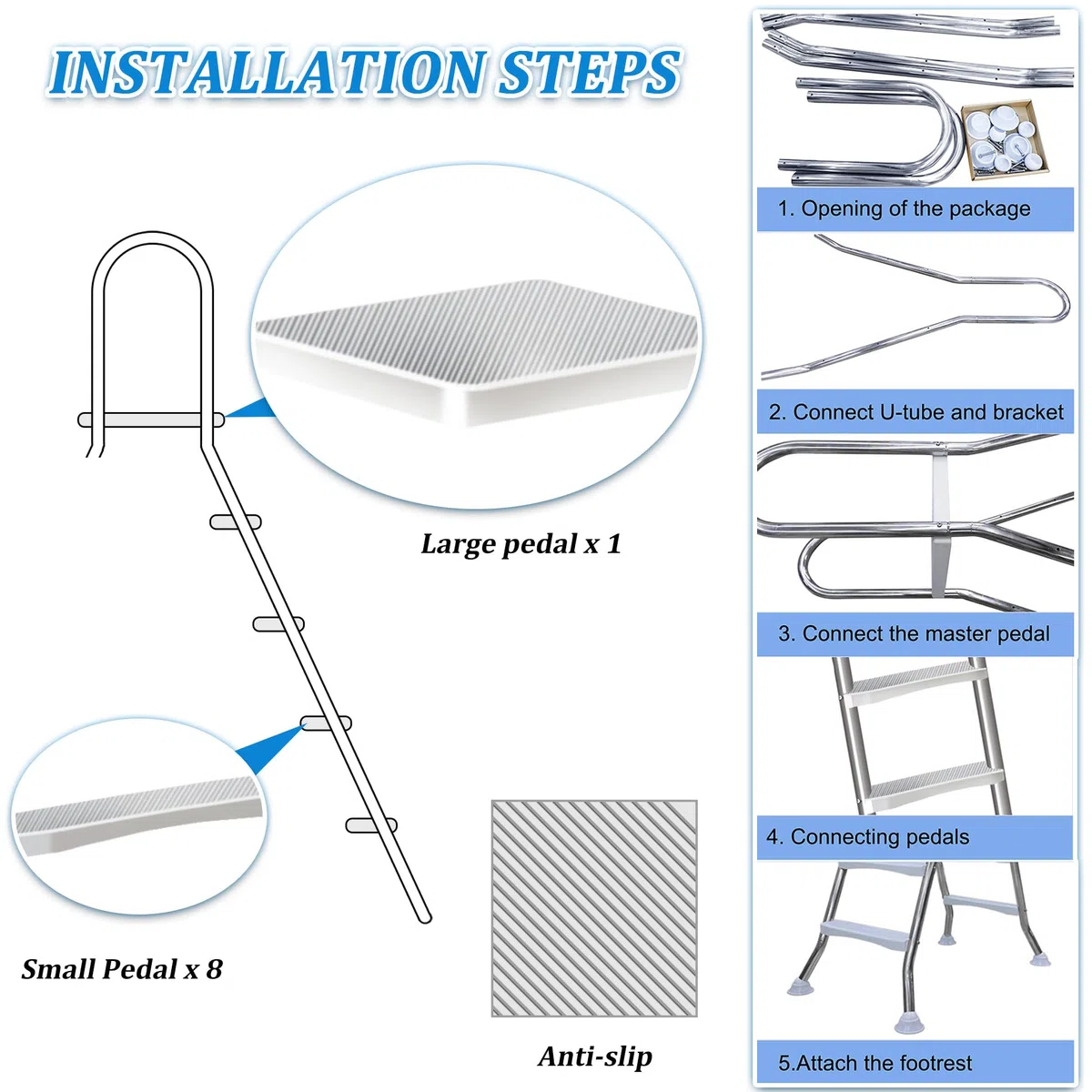 Scala a 4 Gradini per Piscina Fuori Terra, Robusta Scala in Acciaio Inossidabile con Doppio Corrimano di Sicurezza, Gradini Antiscivolo, Portata 250 kg, per Piscina da 135 Cm
