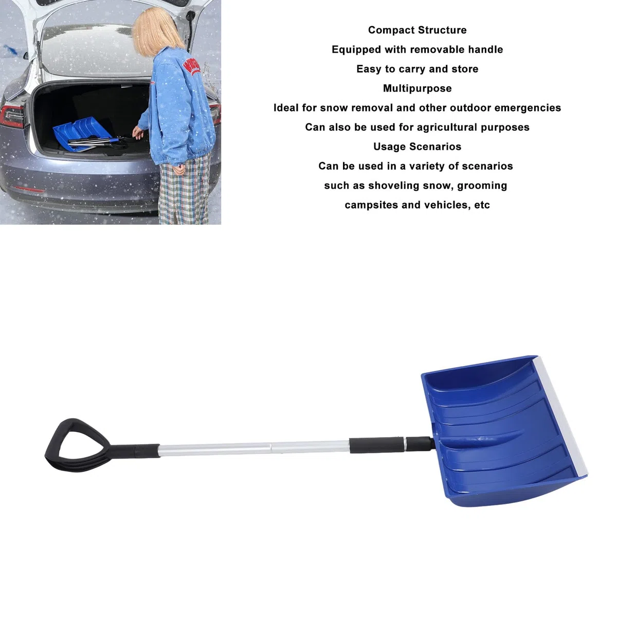 Pala da neve staccabile, pala portatile leggera di grande capacità, pala da neve in alluminio con manico regolabile per emergenza auto, campeggio (Blu)