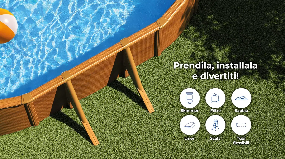 Gre KIT610W Pacific. - Piscina fuori terra in acciaio, ovale con aspetto in legno. Piscina scomponibile per Giardino. 610 x 375 x 120 cm