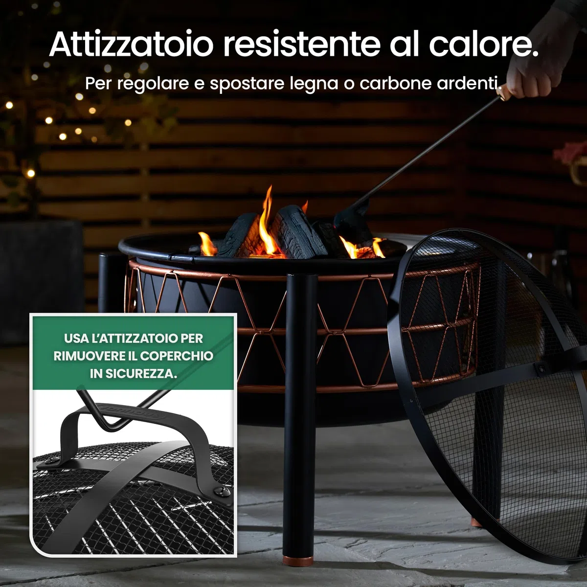 VonHaus Braciere – 2-in-1 con Griglia BBQ per esterni, giardino e patio, in acciaio nero con dettaglio rame, con attizzatoio e coperchio in rete inclusi, legna o carbone