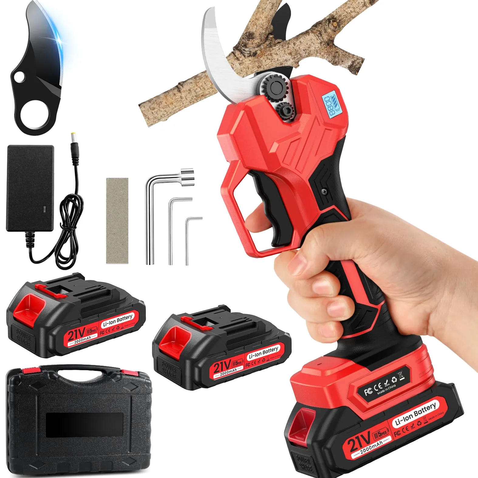 Forbici Potatura a Batteria, 50mm Forbici Potatura con 800W Motore Brushless & Display, 2 Batterie Funzionare per 6-8 ore, Compatibile con batterie Makita da 18 V, per Frutteto,Giardino,Fattoria