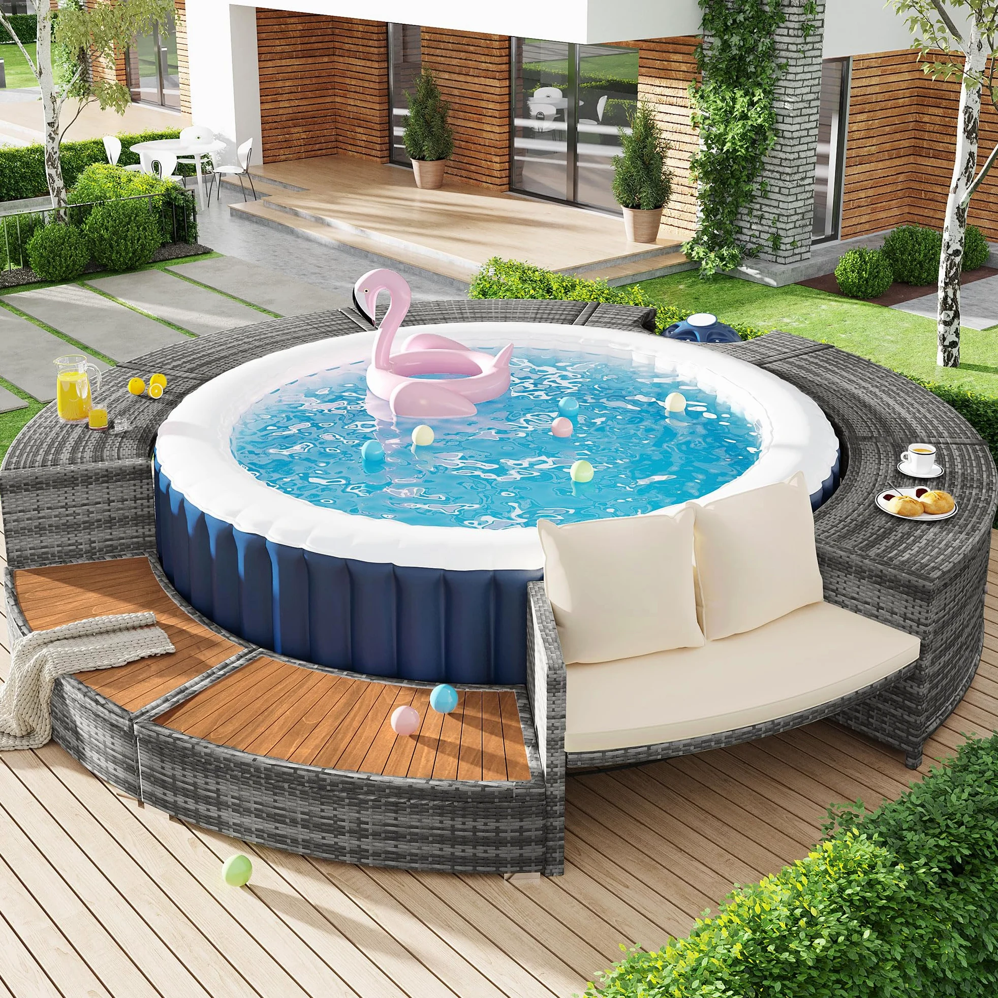 Shye Set da giardino con divano rotondo, set di mobili da giardino, set da salotto per vasca idromassaggio e piscina, con gambe regolabili, include cuscini, mobili per patio, giardino o piscina