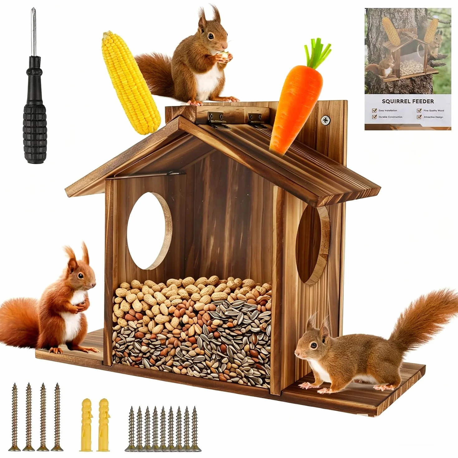 Mangiatoia per Scoiattoli, Casetta per Mangime Scoiattolo in Legno, Mangiatoia per scoiattolo, Mangiatoia Scoiattoli Esterno, Casa Scoiattolo Resistente alle Intemperie, per Giardino all'Aperto (B)