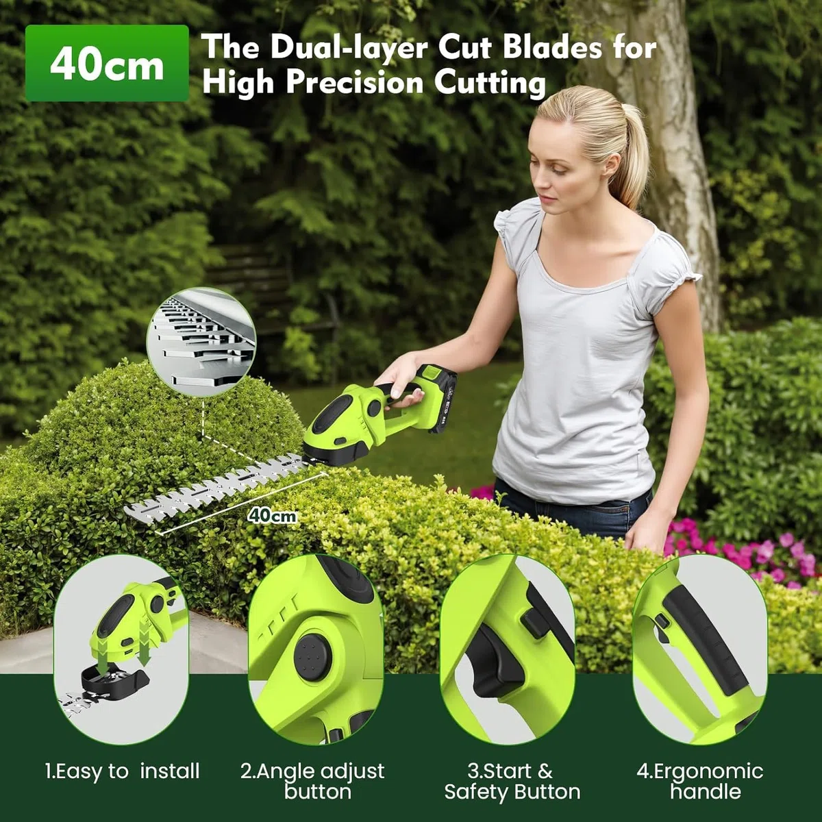 Motosega e Tagliasiepi con Asta Telescopica, 4 in 1 Kit Potatura Sega Elettrico Mini Motosega, 4* Catene 6", 2 * 4000 mAh Batterie Ricaricabili per Tagliare Giardini, Arbusti, Rami