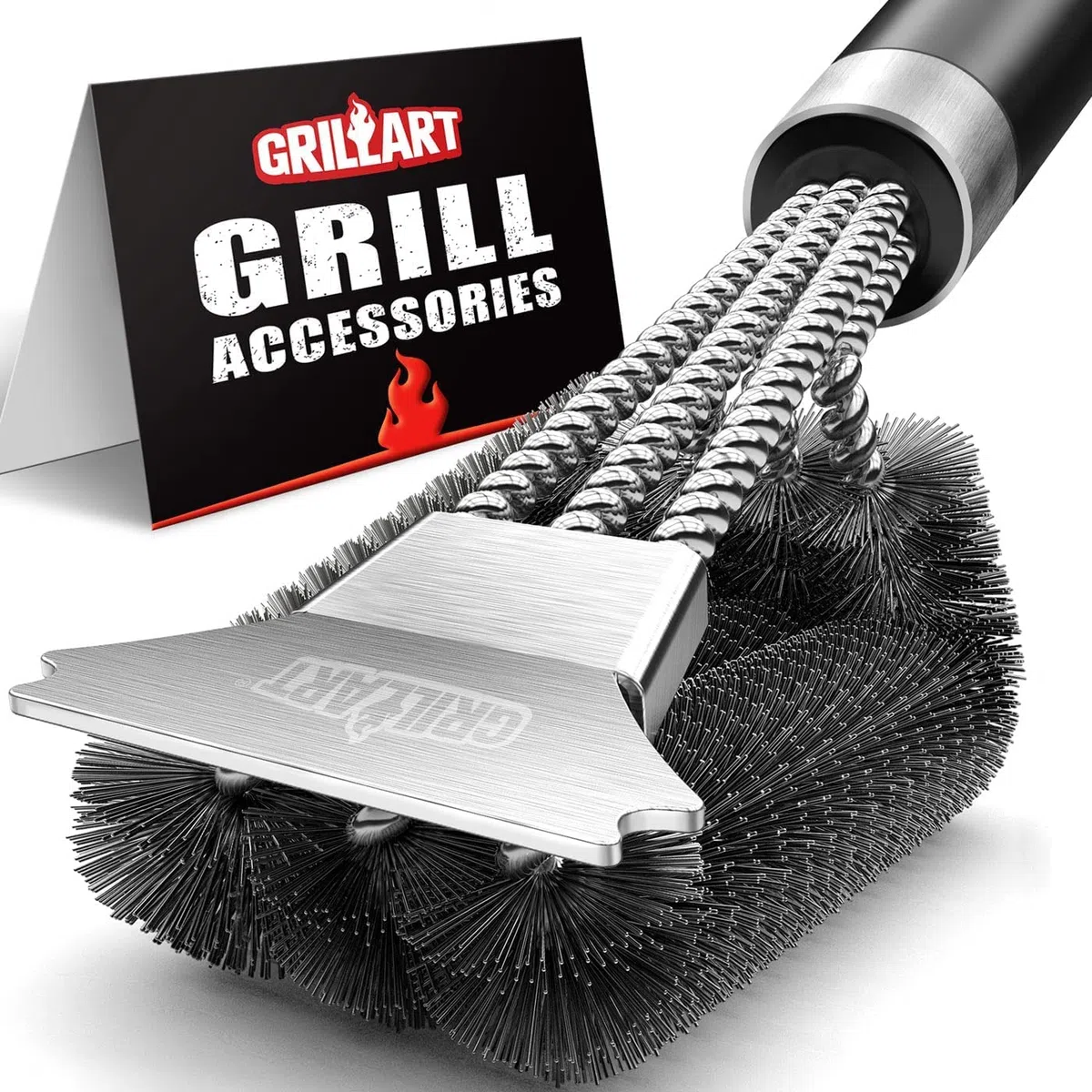 GRILLART BR-8529 BR-8529 - Spazzola per griglia e raschietto con manico Deluxe, spazzola per la pulizia della griglia della griglia del barbecue e della griglia del carbone a raggi infrarossi, per